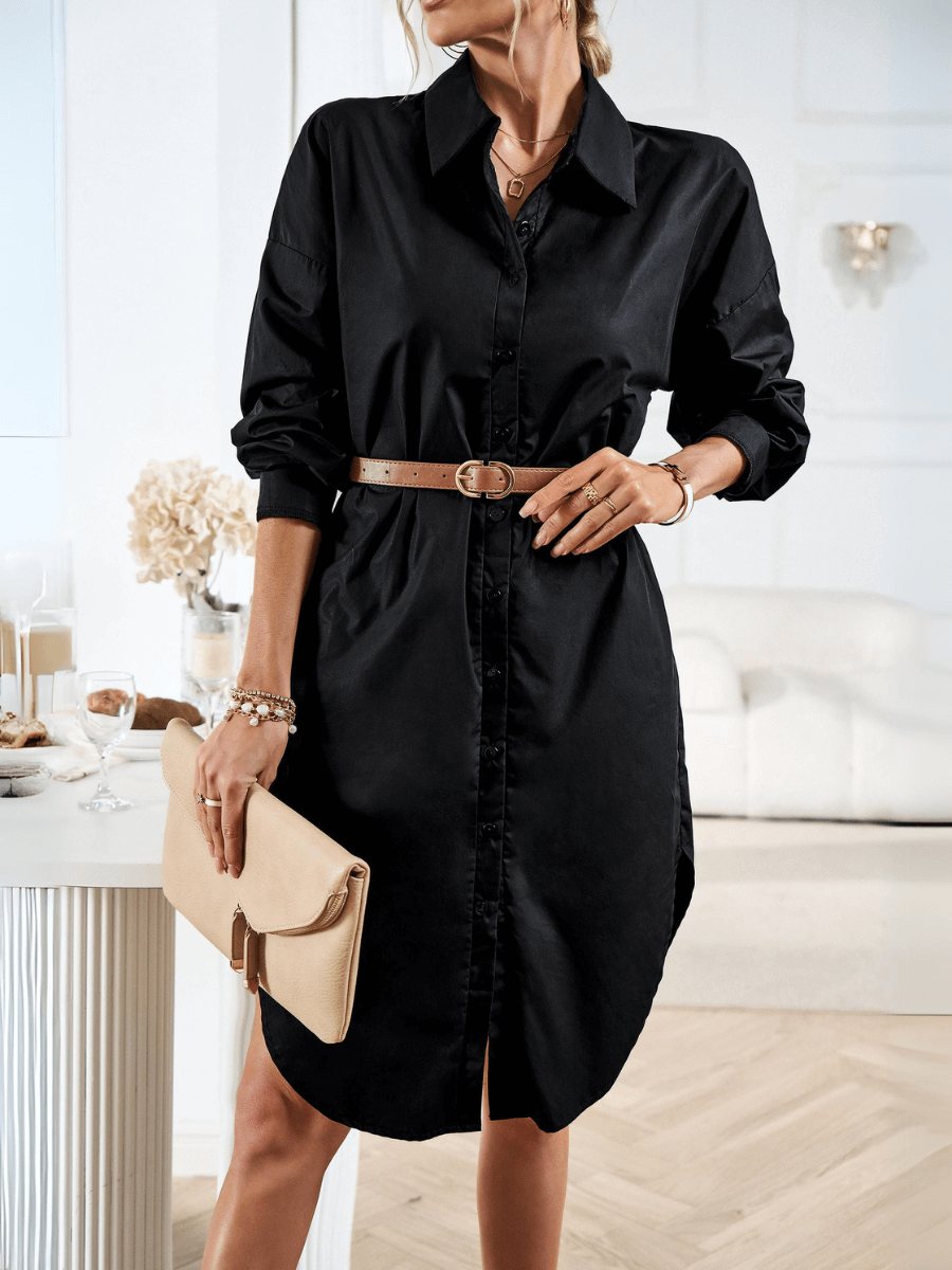 Halia Collared Button Down Midi Shirt Dress - Black