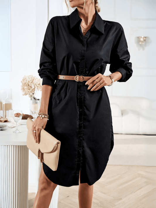 Halia Collared Button Down Midi Shirt Dress - Black