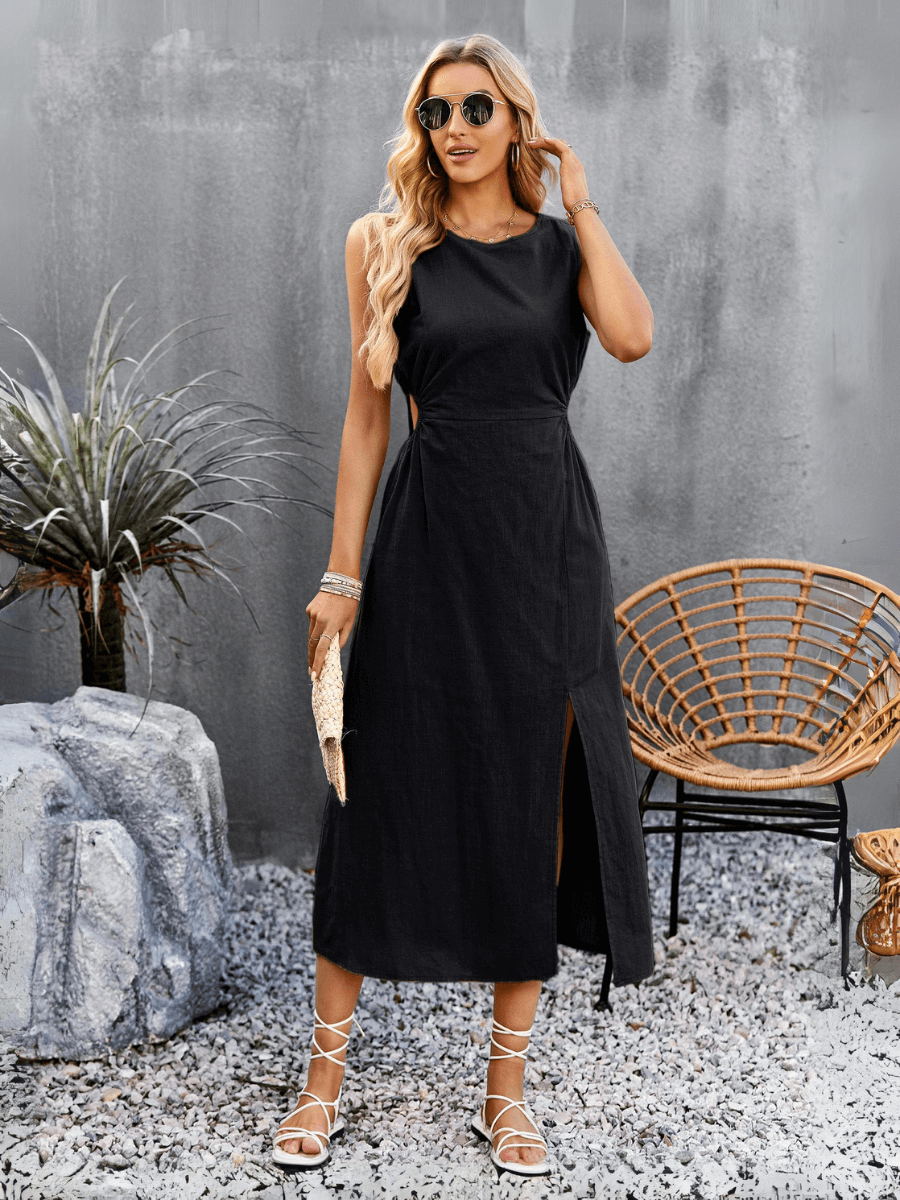 Lunch Date Sleeveless Slit Midi Dress - Black