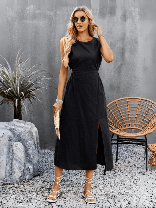 Lunch Date Sleeveless Slit Midi Dress - Black