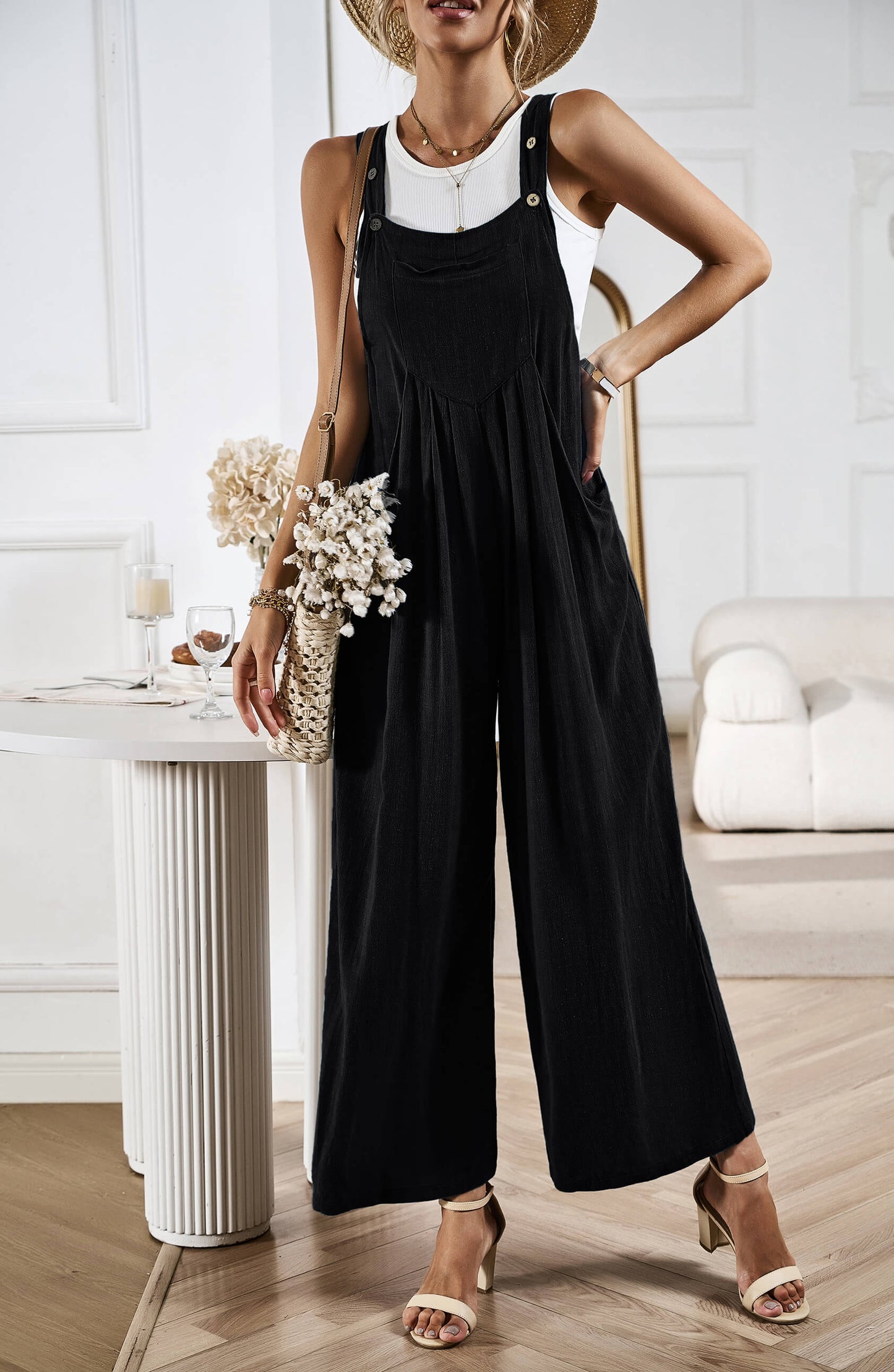LINETTE WIDE LEG LINEN OVERALLS - BLACK