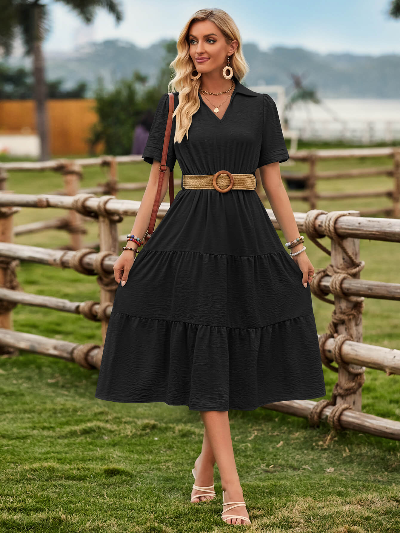 Celie Poplin Collared Tie Waist Midi Dress - Black