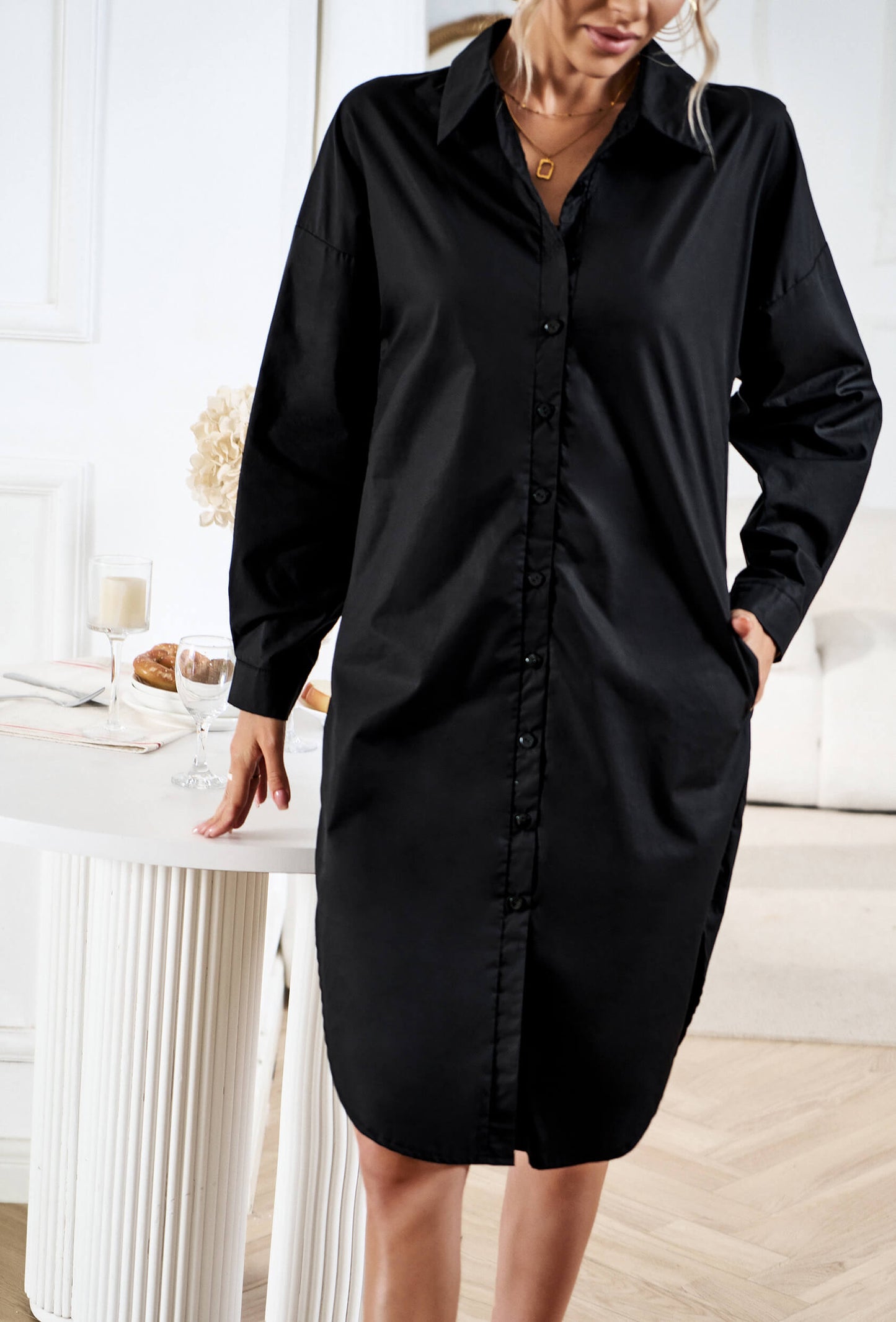 Halia Collared Button Down Midi Shirt Dress - Black
