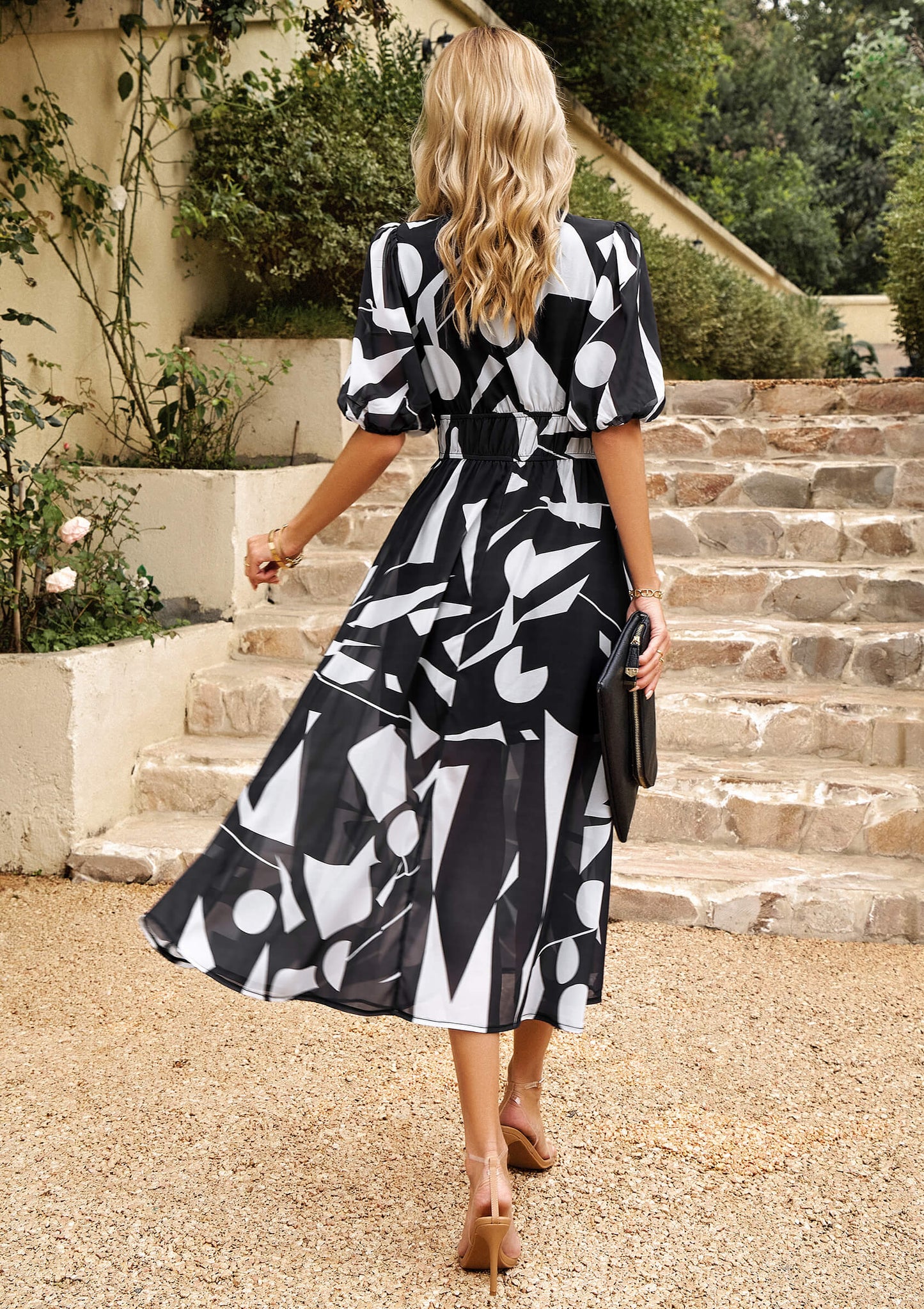 HIDDEN PASSAGE PRINTED MIDI DRESS - BLACK
