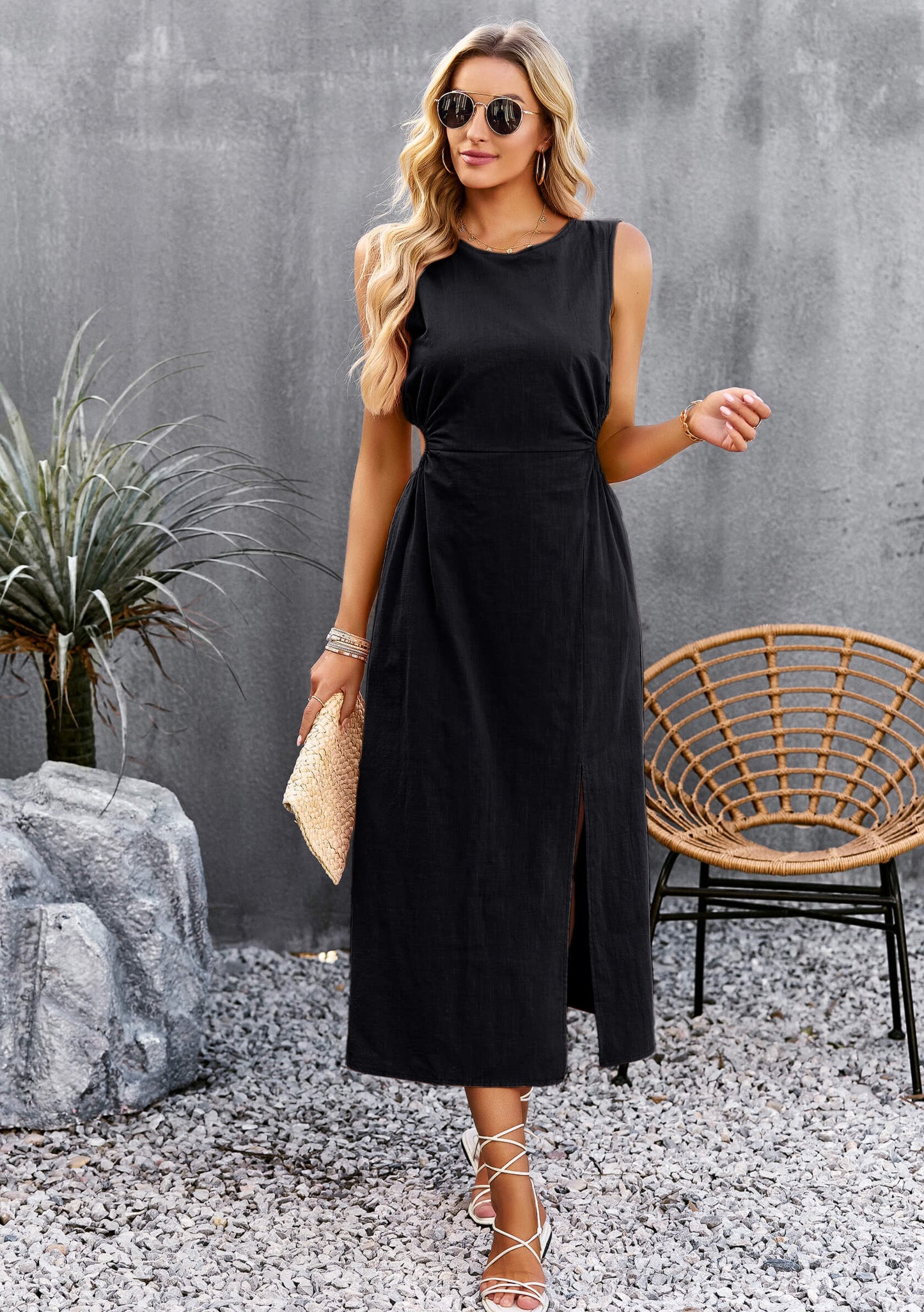 Lunch Date Sleeveless Slit Midi Dress - Black