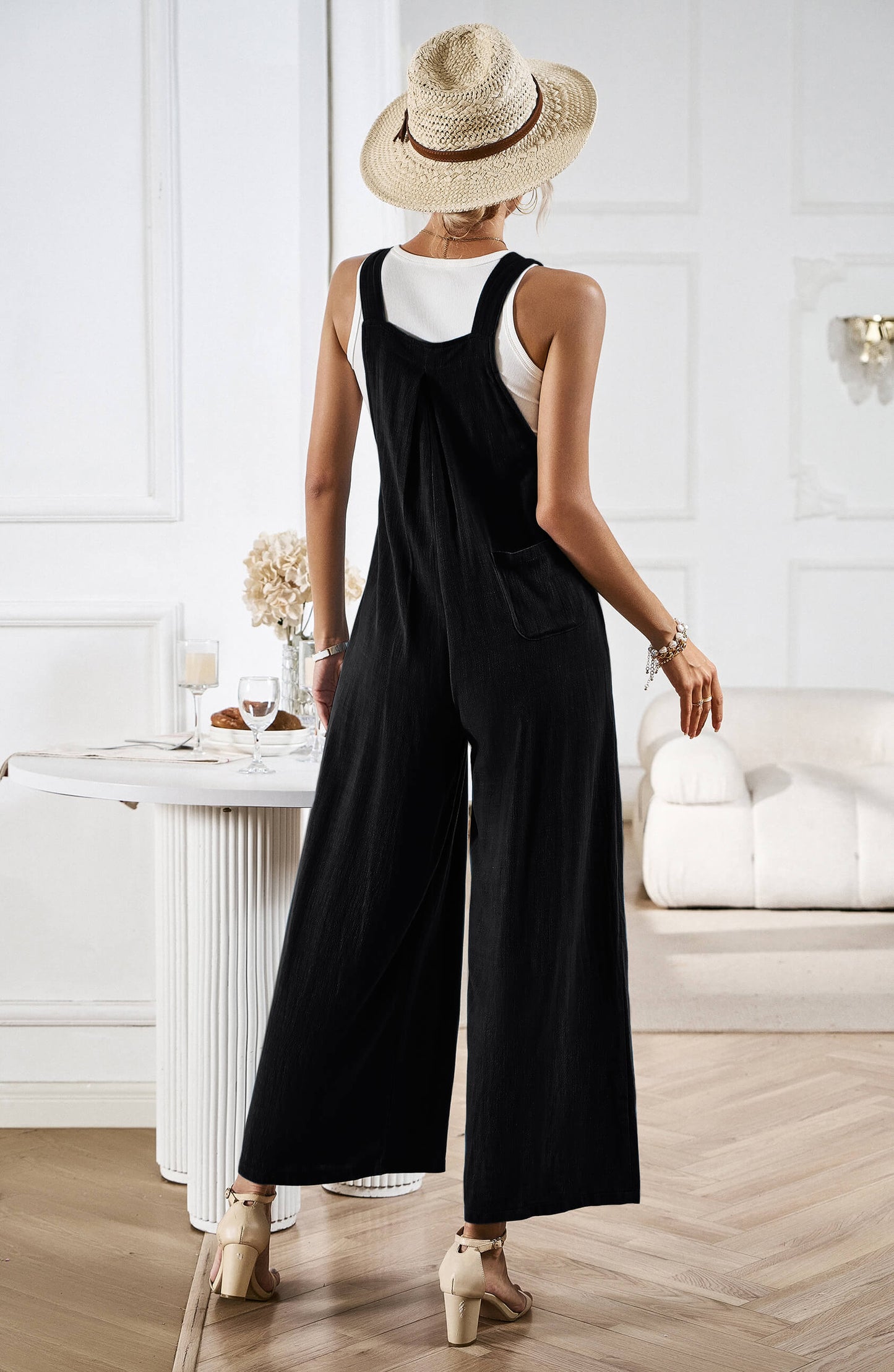 LINETTE WIDE LEG LINEN OVERALLS - BLACK