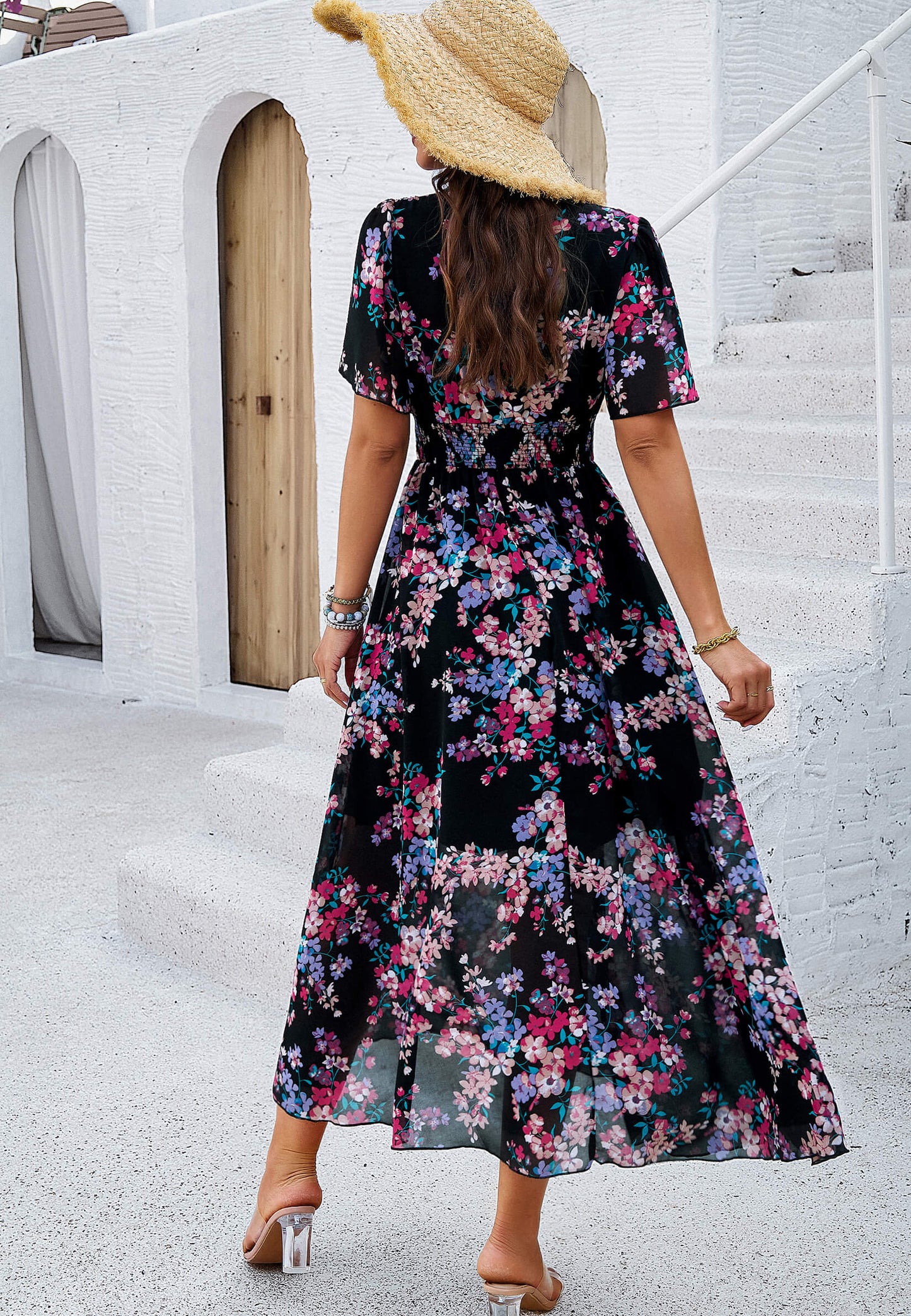 Garden Party Short Sleeve Chiffon Midi Dress - Black