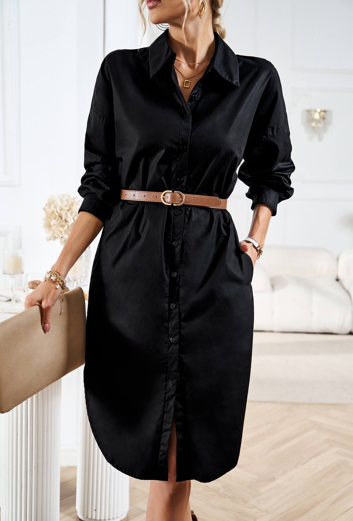 Halia Collared Button Down Midi Shirt Dress - Black