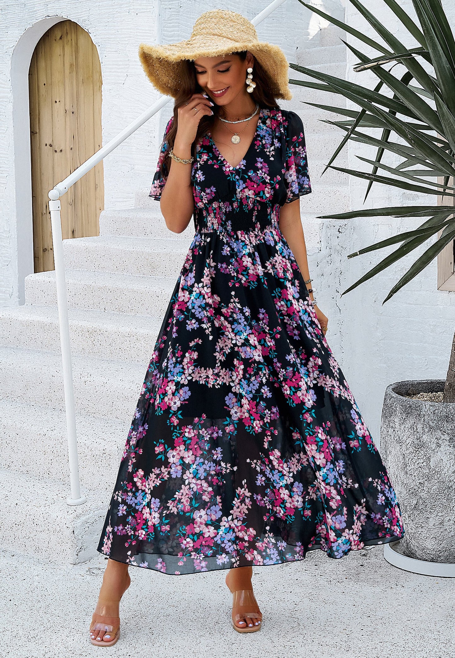 Garden Party Short Sleeve Chiffon Midi Dress - Black