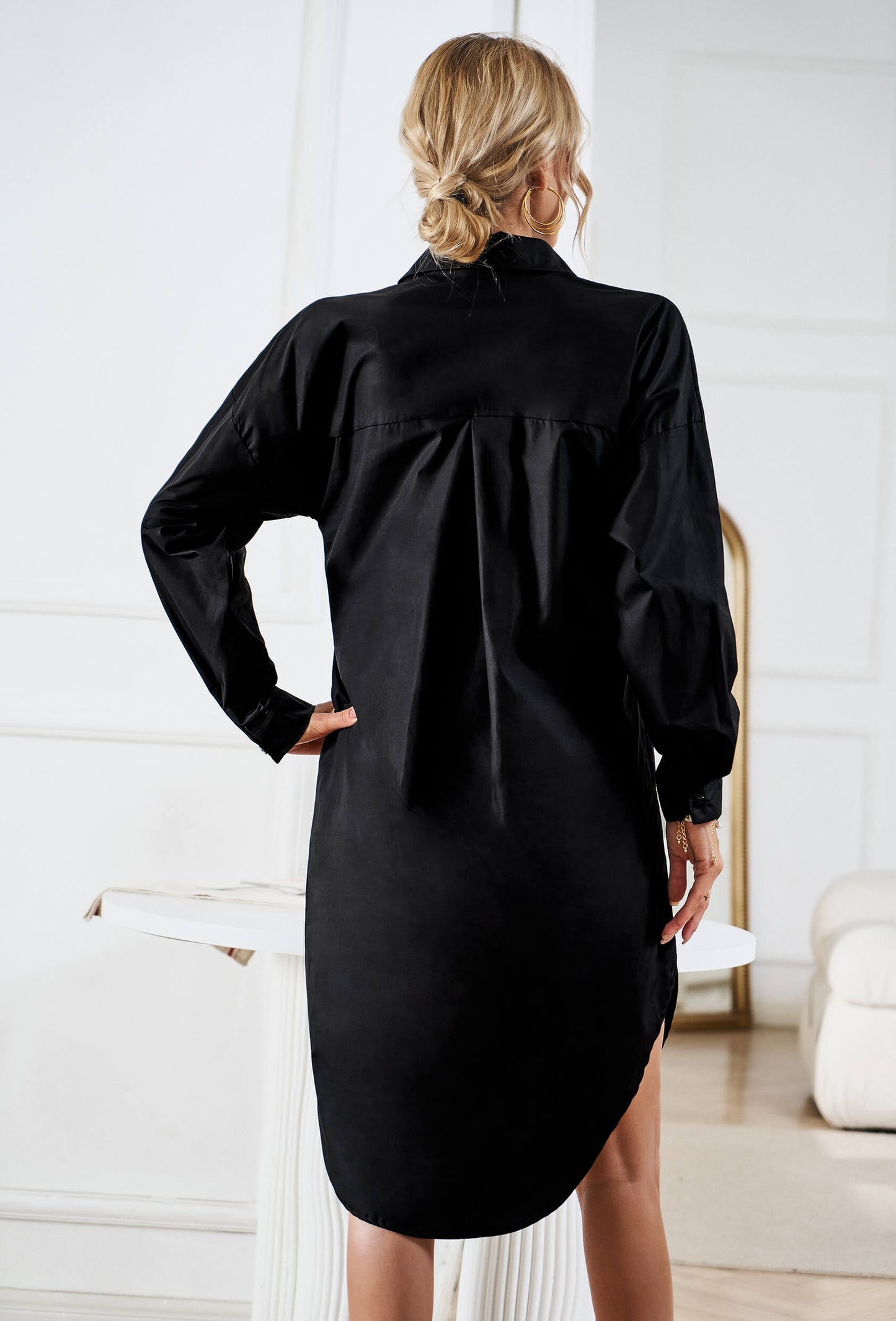 Halia Collared Button Down Midi Shirt Dress - Black