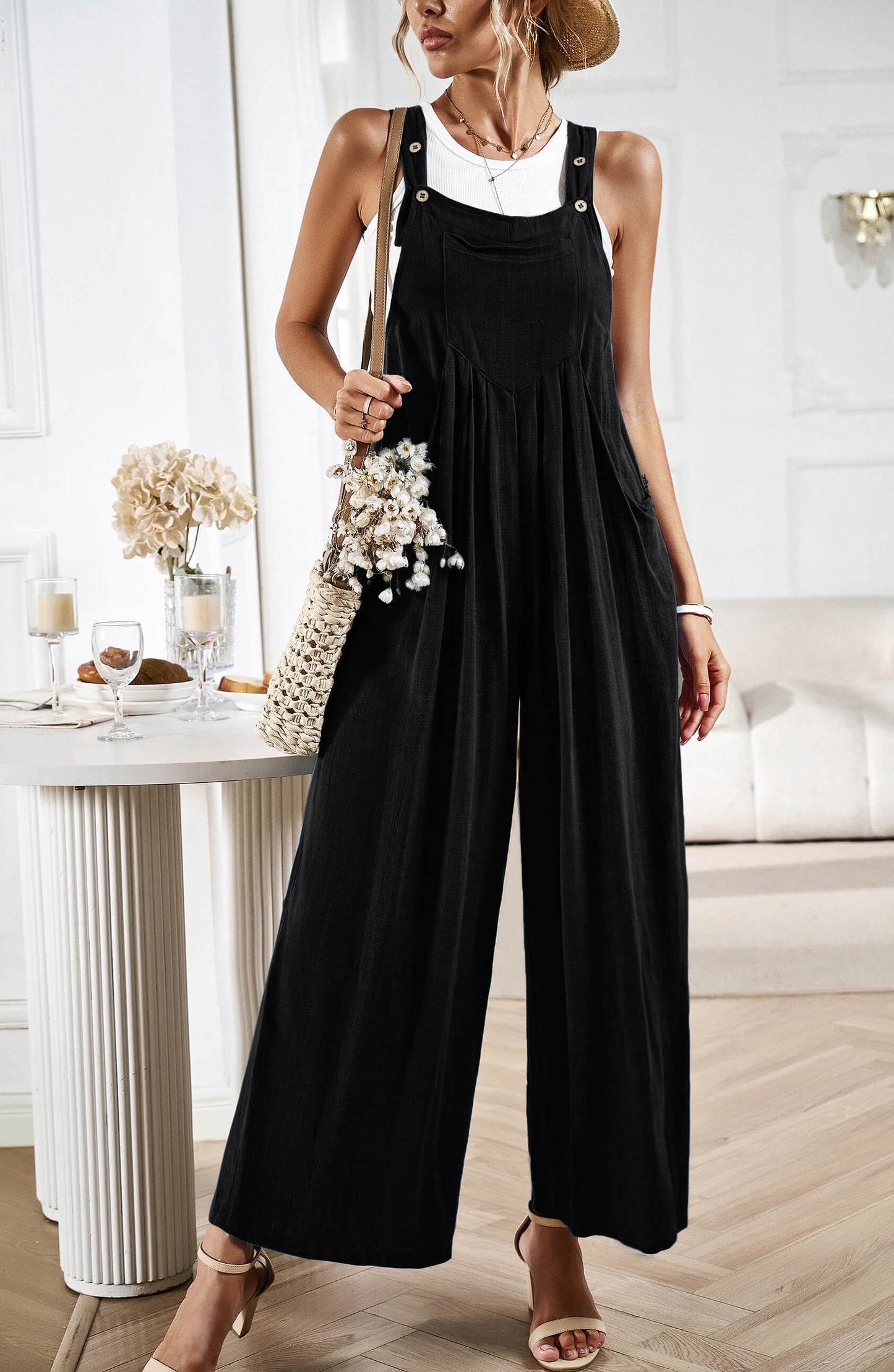LINETTE WIDE LEG LINEN OVERALLS - BLACK