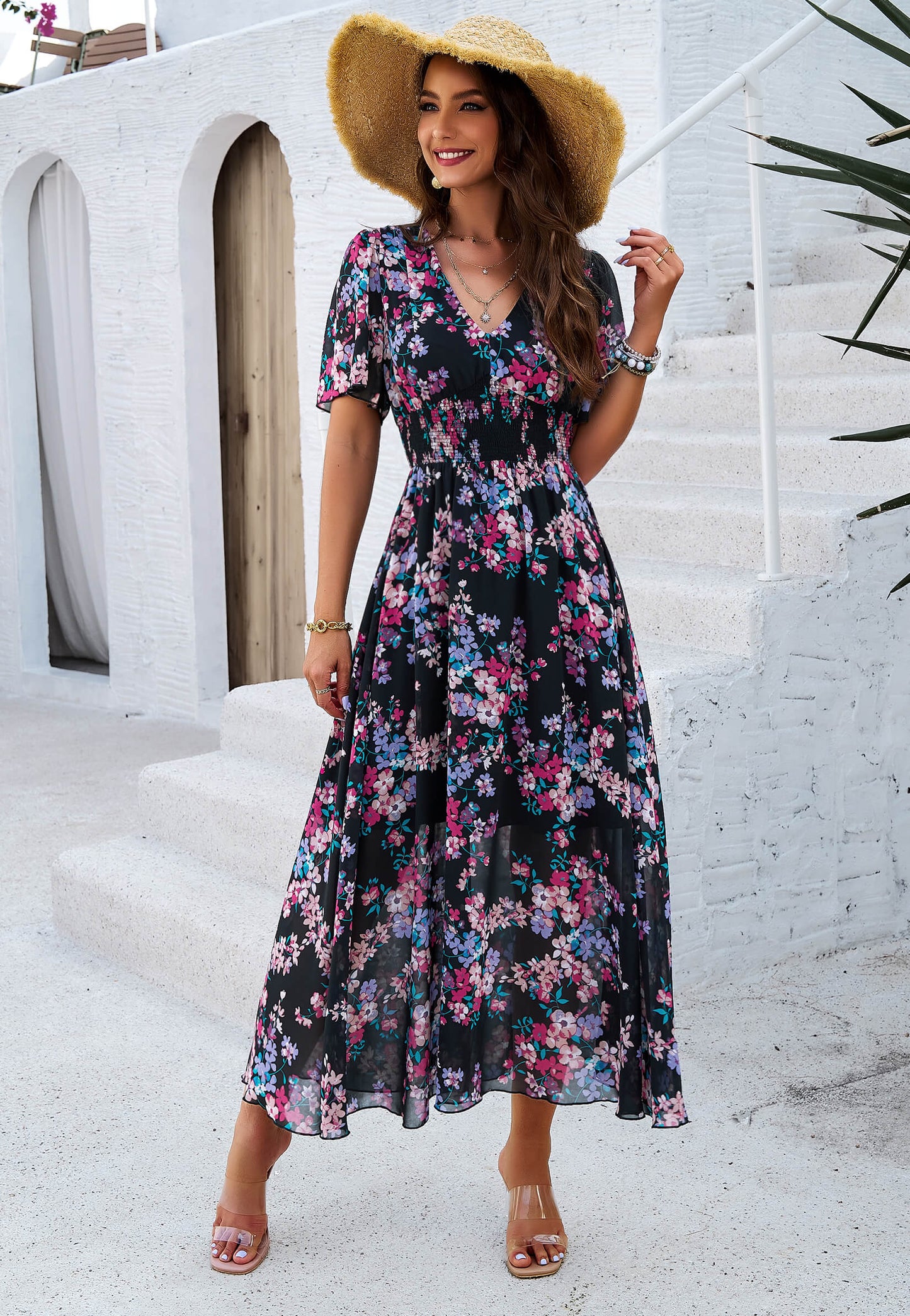 Garden Party Short Sleeve Chiffon Midi Dress - Black