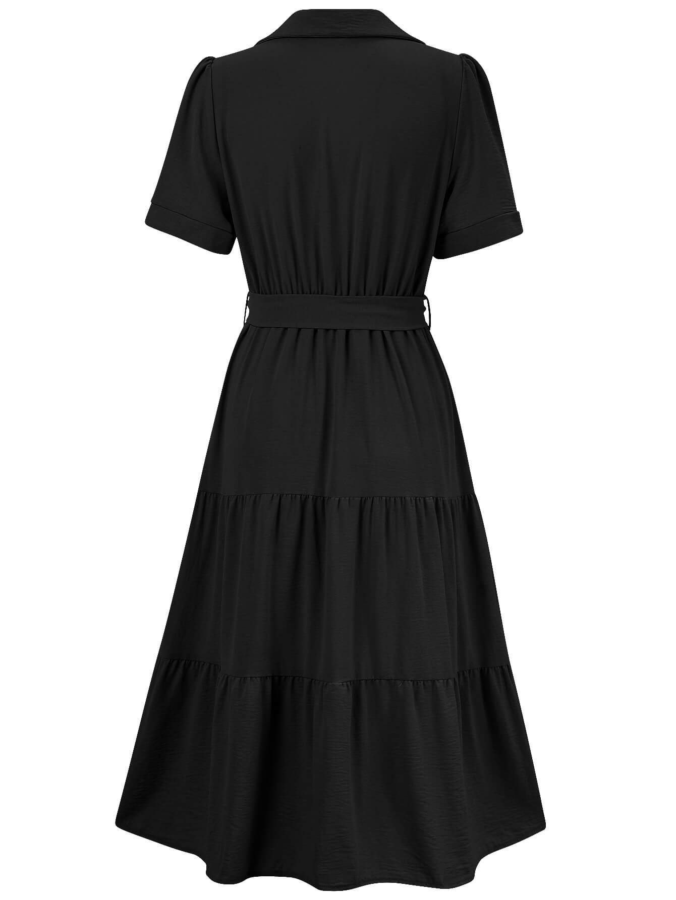 Celie Poplin Collared Tie Waist Midi Dress - Black