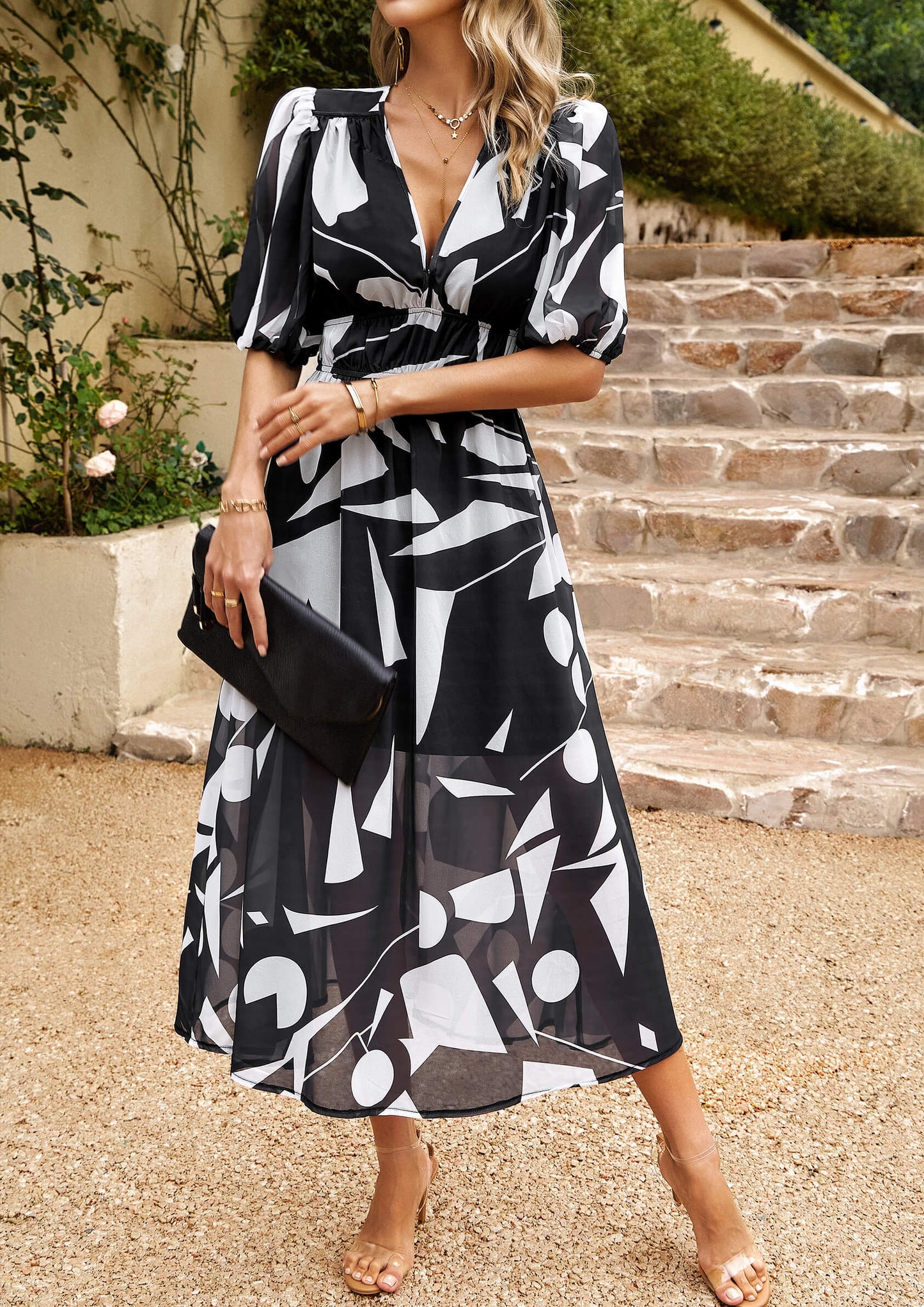 HIDDEN PASSAGE PRINTED MIDI DRESS - BLACK