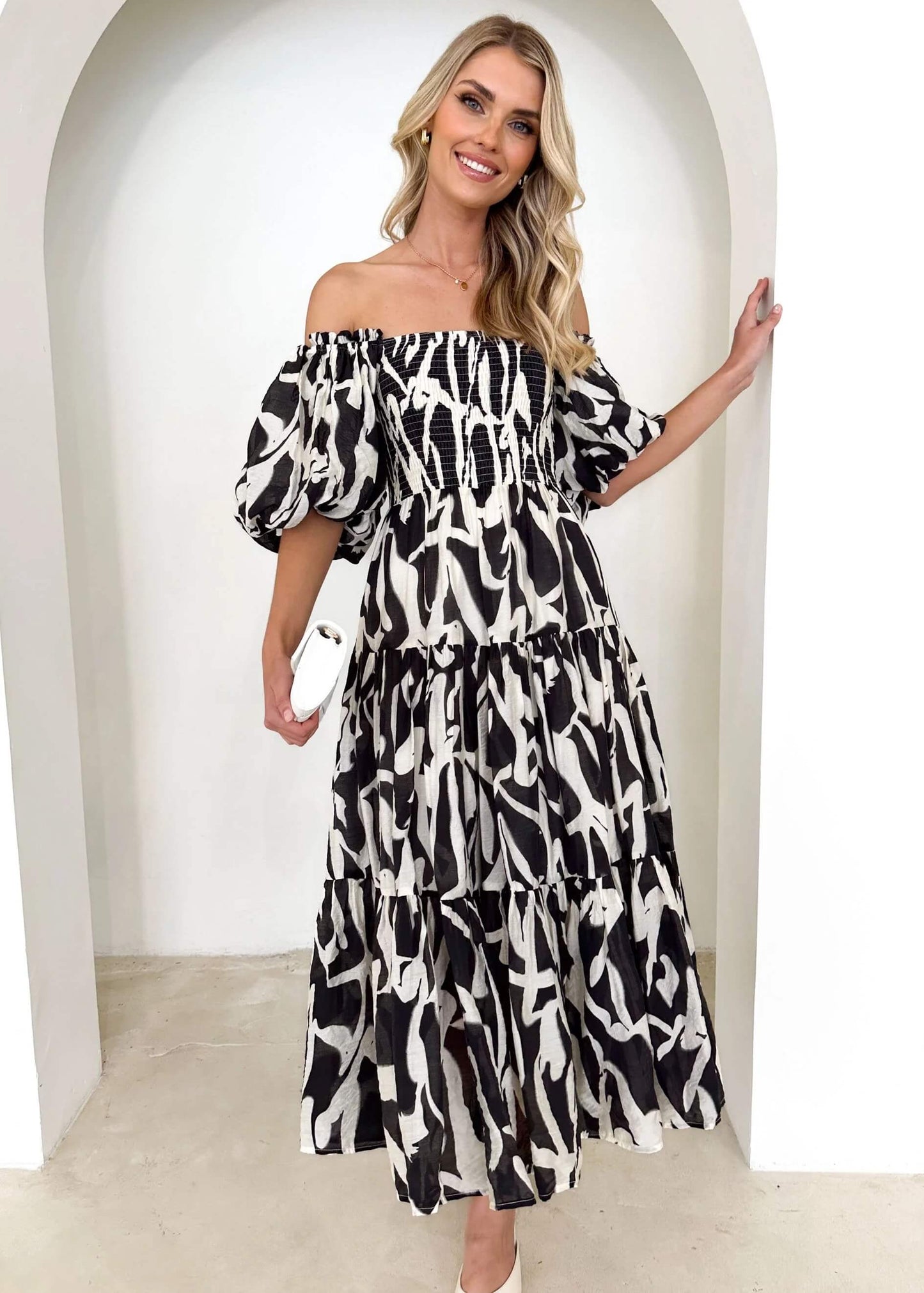Chiara Floral Off The Shoulder Maxi Dress - Black