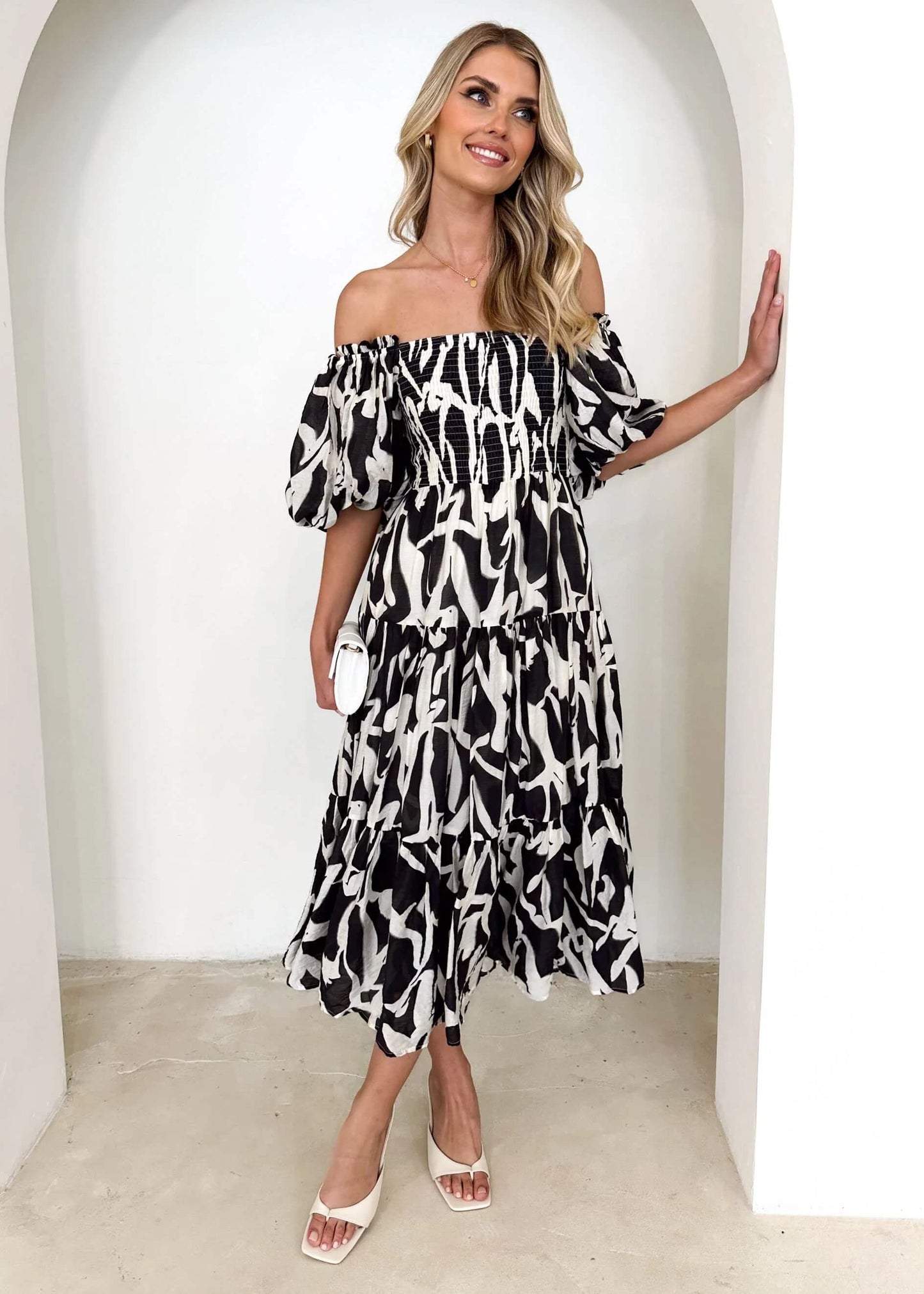 Chiara Floral Off The Shoulder Maxi Dress - Black