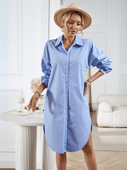 Halia Collared Button Down Midi Shirt Dress - Blue