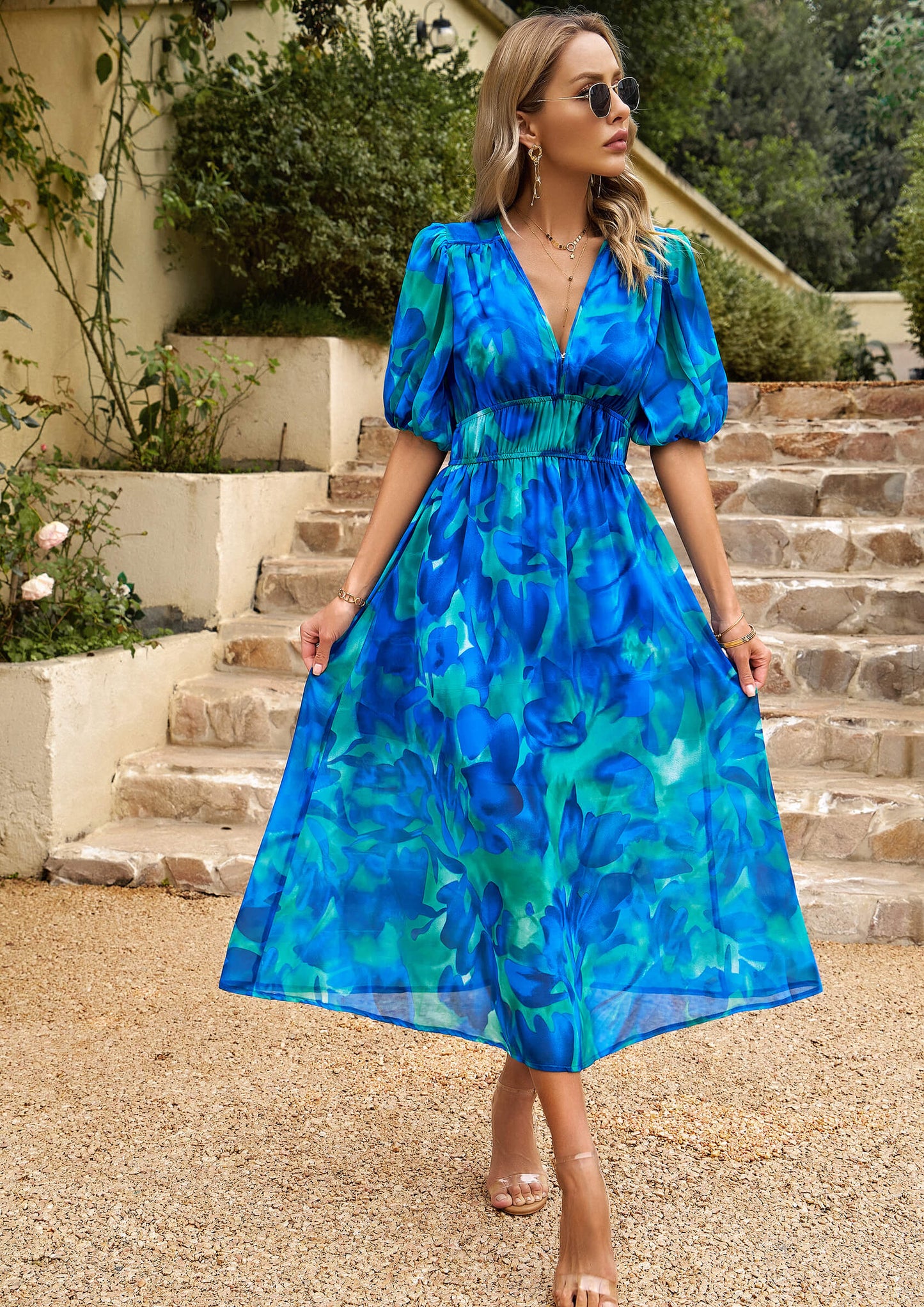 EUPHORIC MOOD FLORAL PRINTED MIDI DRESS - BLUE