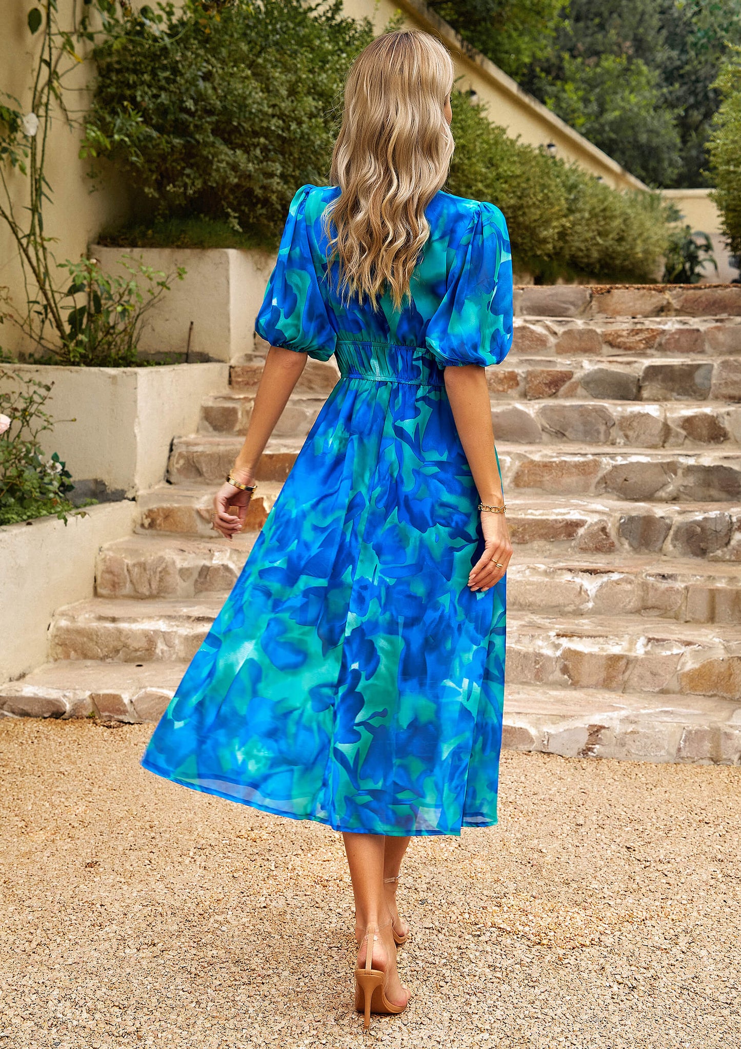 EUPHORIC MOOD FLORAL PRINTED MIDI DRESS - BLUE
