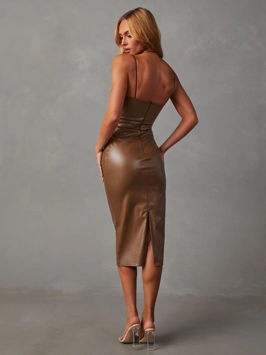 Hera Bodycon Faux Leather Midi Dress - Brown