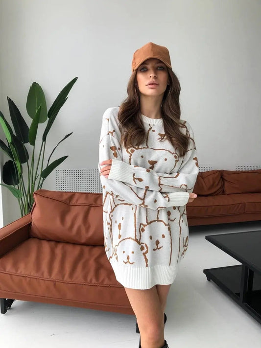Calistally Doll | Cream Smiley Polar Bear Knit Sweater Dress
