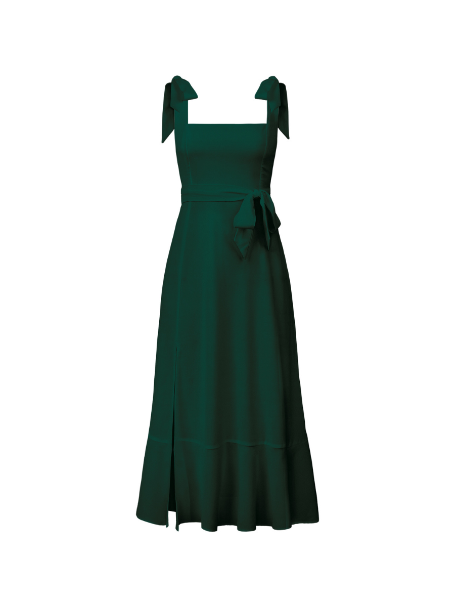 AVIANCA SHOULDER TIE BRIDAL MIDI DRESS - EMERALD