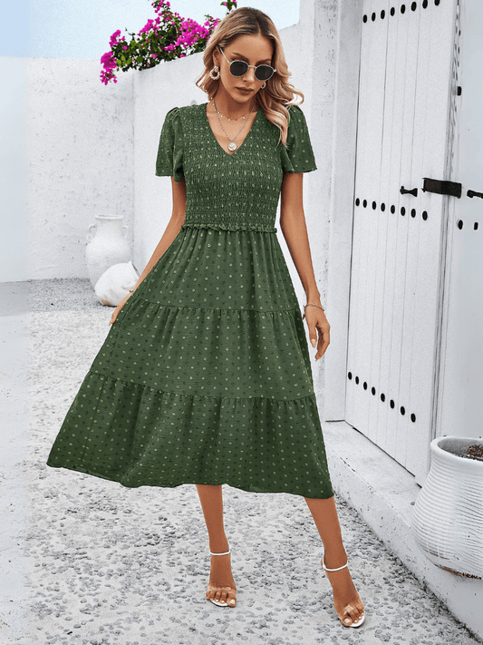 Leonie Spotted Tiered Midi Dress - Green