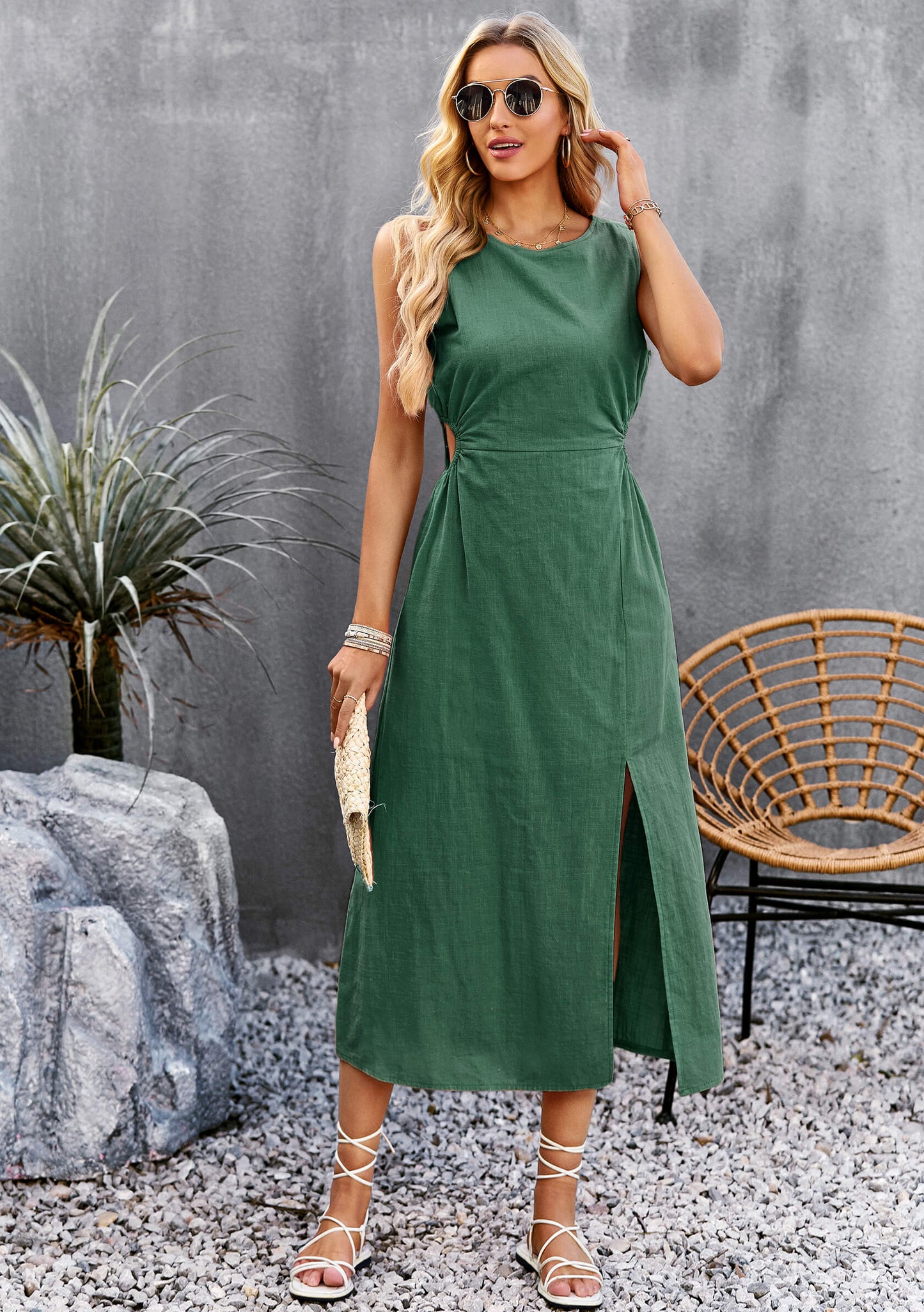 Lunch Date Sleeveless Slit Midi Dress - Green