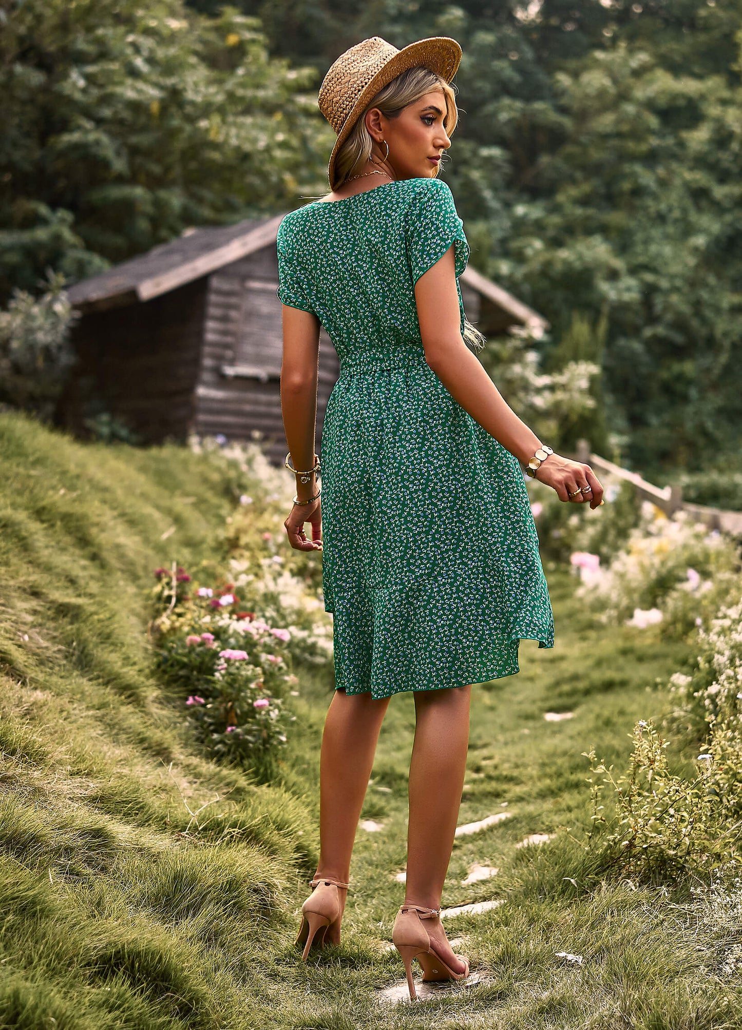 EMILIANA FLORAL DOLL MINI DRESS - GREEN