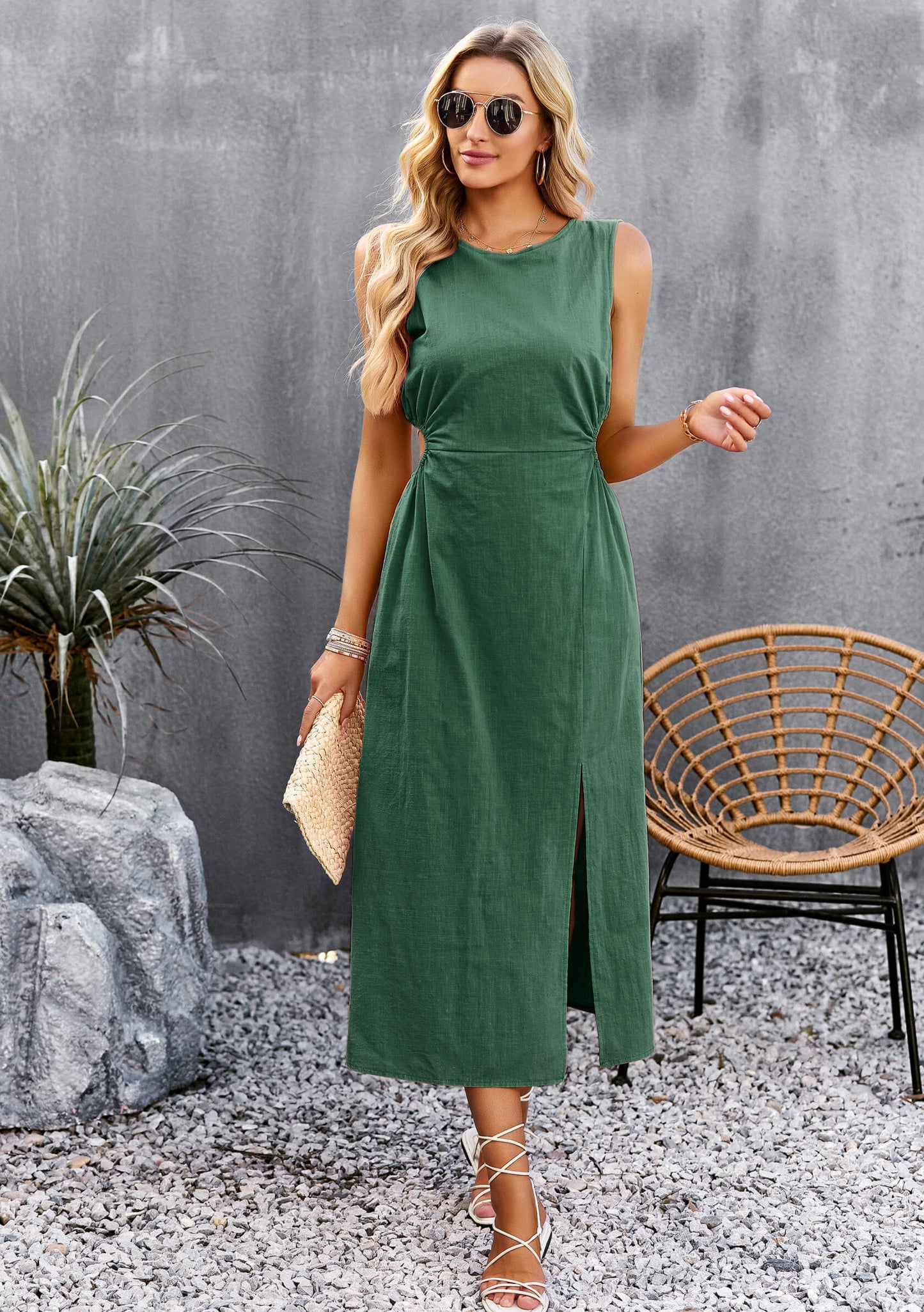 Lunch Date Sleeveless Slit Midi Dress - Green