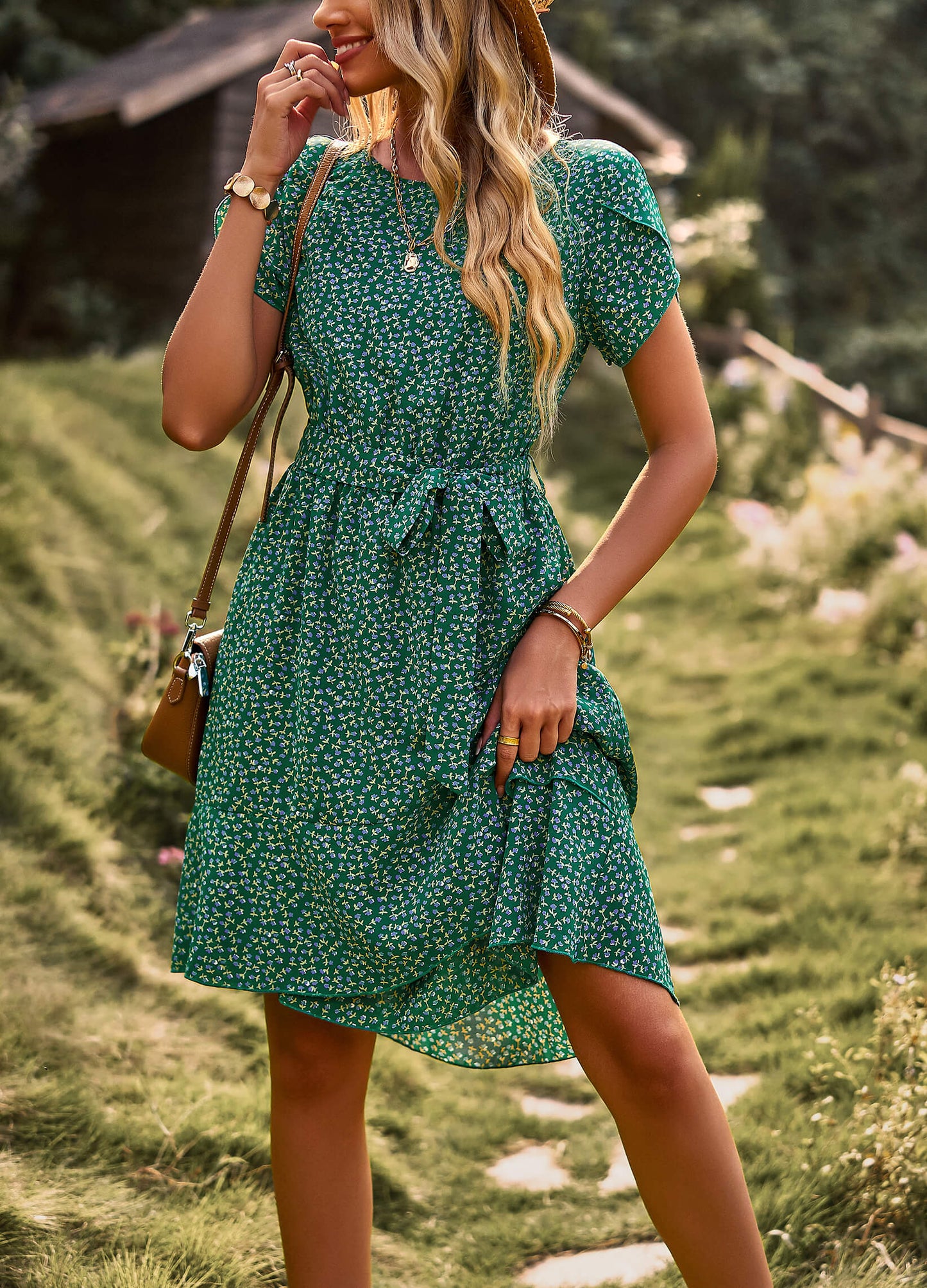 EMILIANA FLORAL DOLL MINI DRESS - GREEN