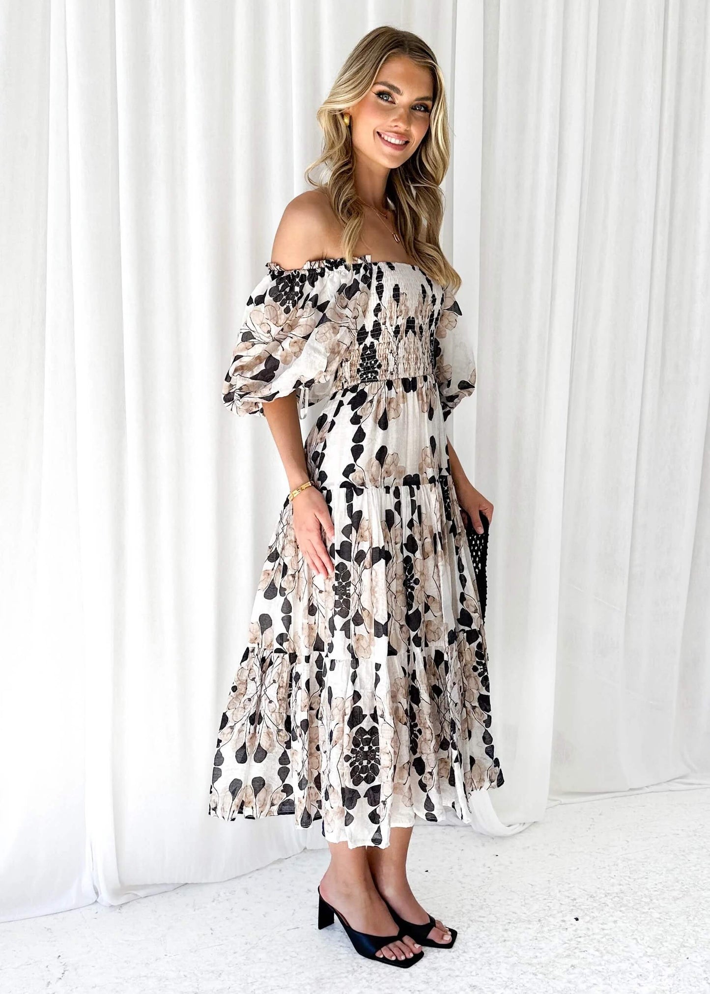Chiara Floral Off The Shoulder Maxi Dress - Grey