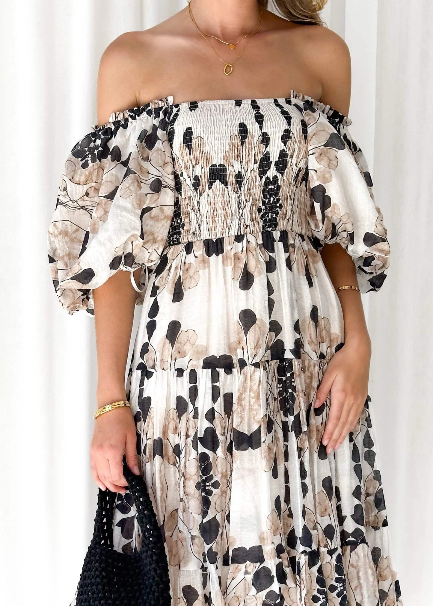 Chiara Floral Off The Shoulder Maxi Dress - Grey