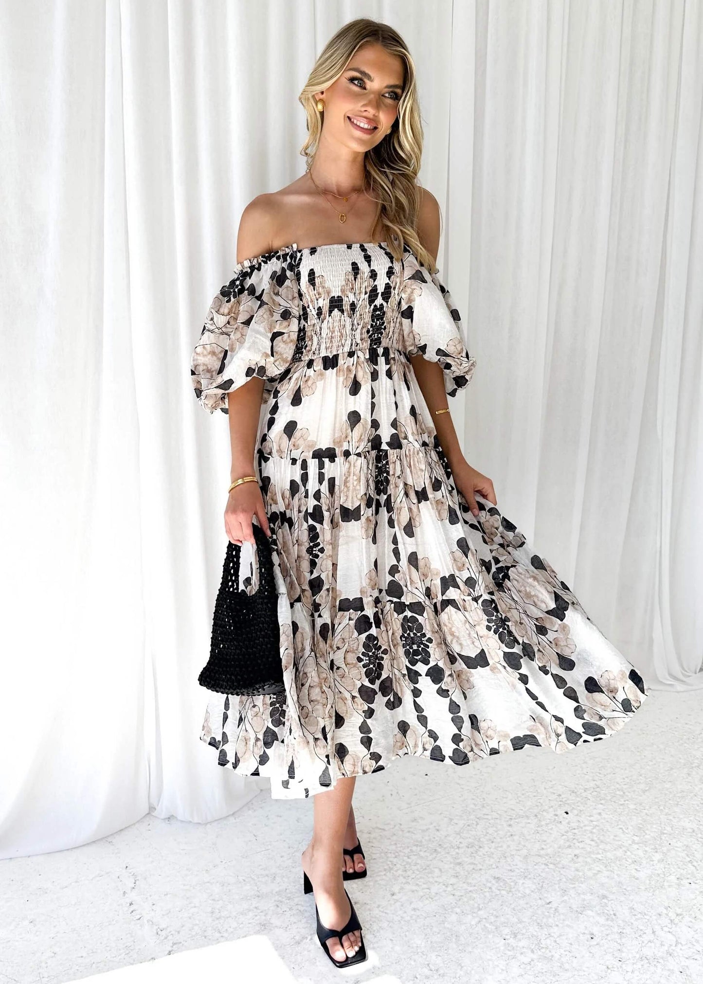Chiara Floral Off The Shoulder Maxi Dress - Grey