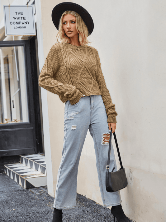 Messina Cable Knit Crewneck Sweater - Khaki