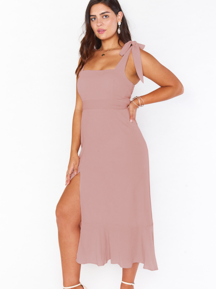 AVIANCA SHOULDER TIE BRIDAL MIDI DRESS - MAUVE