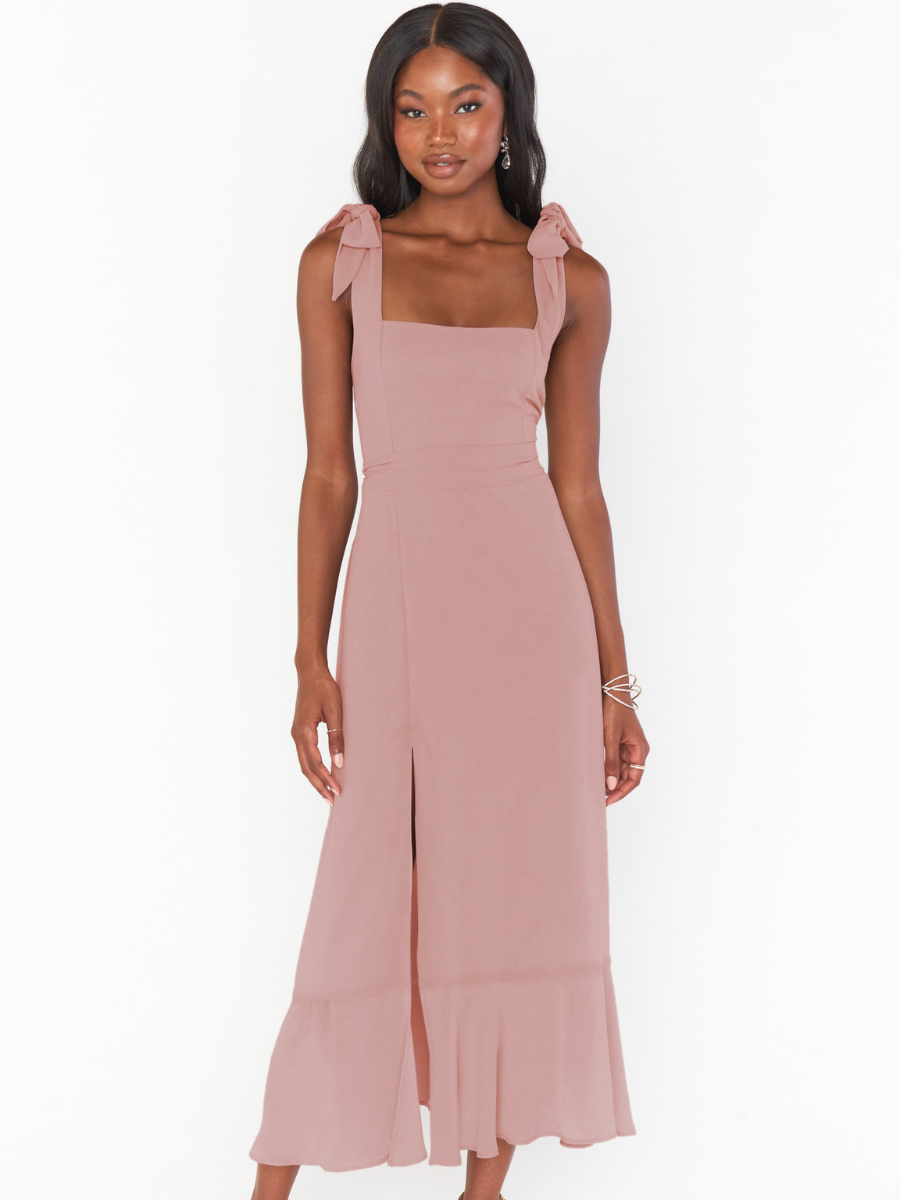 AVIANCA SHOULDER TIE BRIDAL MIDI DRESS - MAUVE