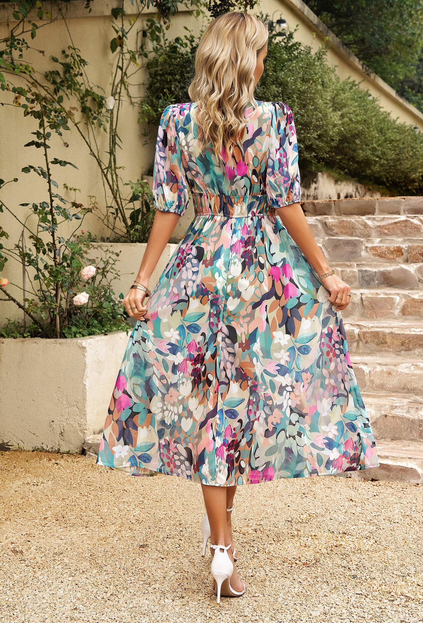 EUPHORIC MOOD FLORAL PRINTED MIDI DRESS - MULTI