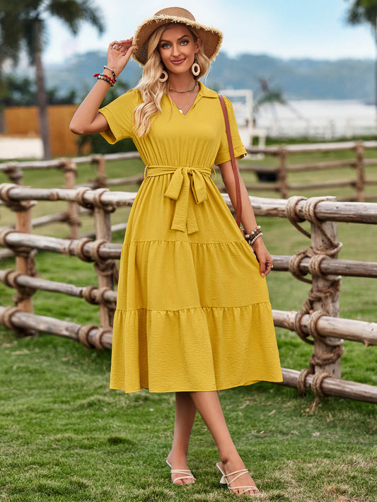 Celie Poplin Collared Tie Waist Midi Dress - Mustard
