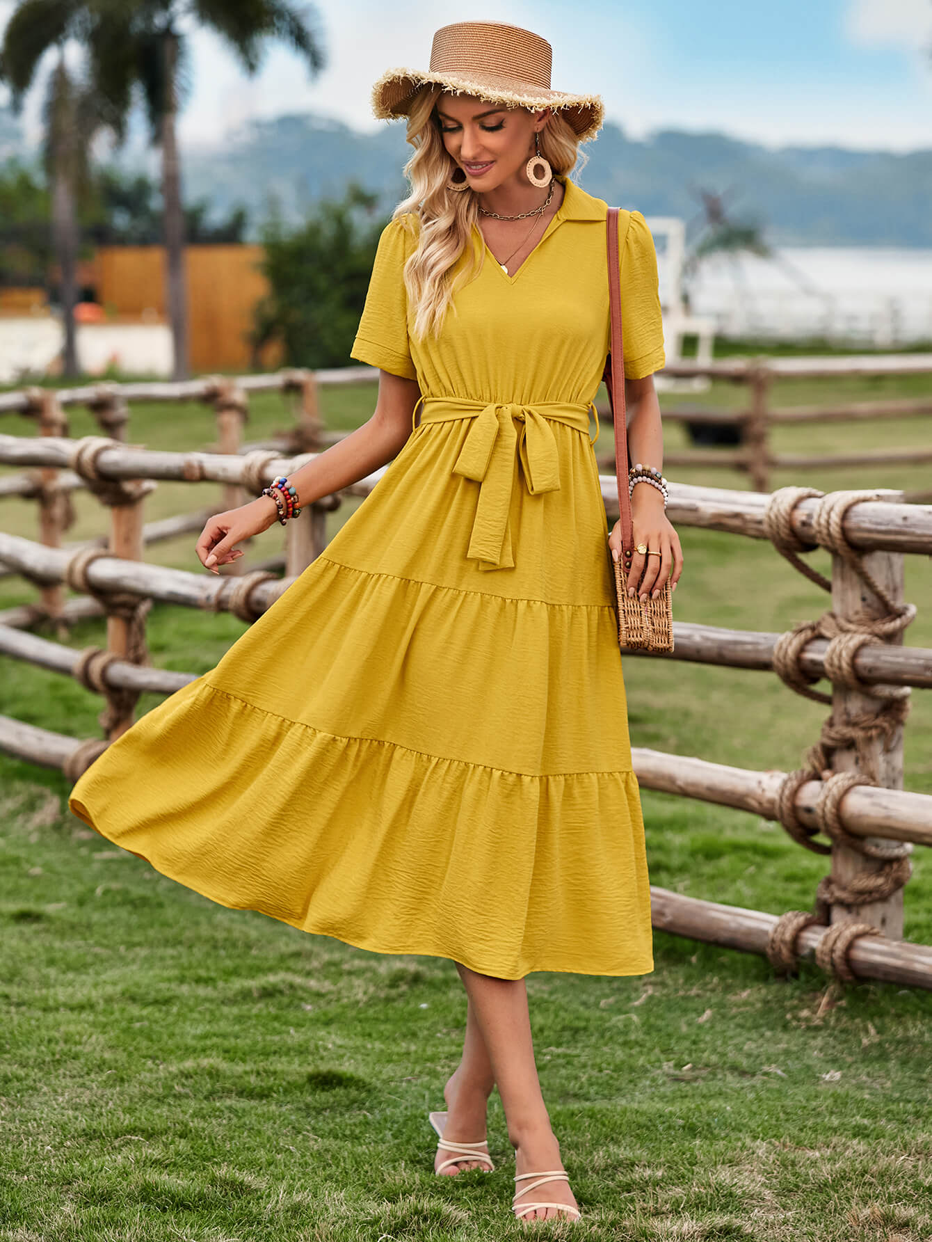 Celie Poplin Collared Tie Waist Midi Dress - Mustard