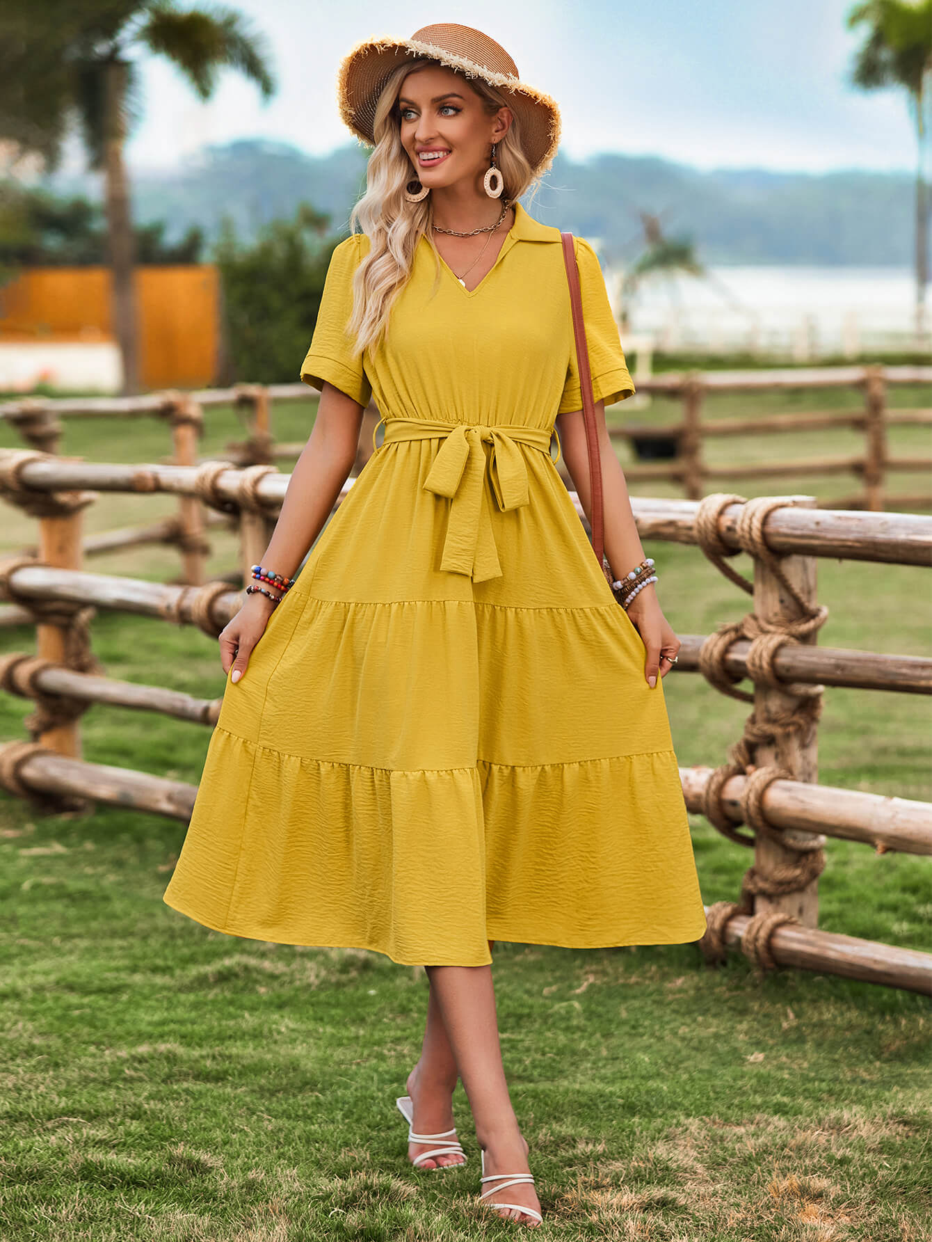 Celie Poplin Collared Tie Waist Midi Dress - Mustard