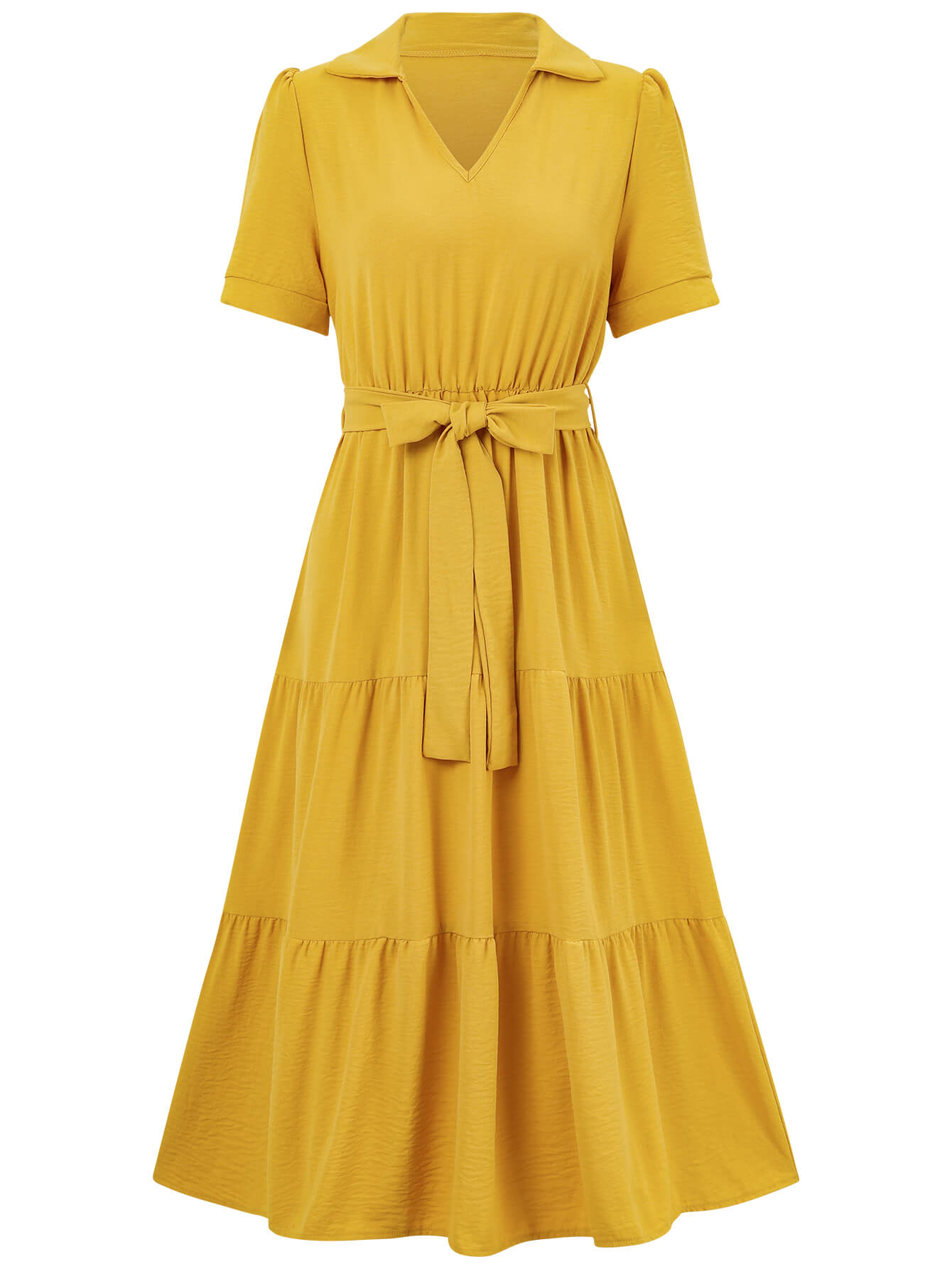 Celie Poplin Collared Tie Waist Midi Dress - Mustard