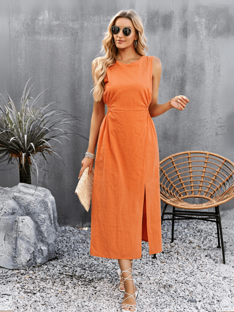 Lunch Date Sleeveless Slit Midi Dress - Orange