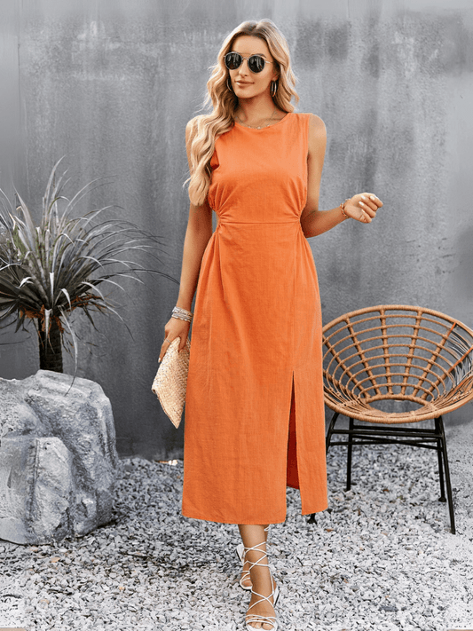 Lunch Date Sleeveless Slit Midi Dress - Orange