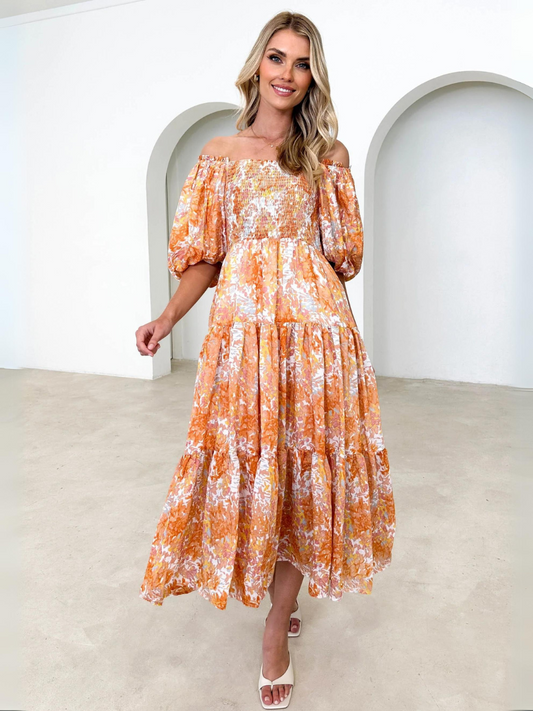 Chiara Floral Off The Shoulder Maxi Dress - Orange