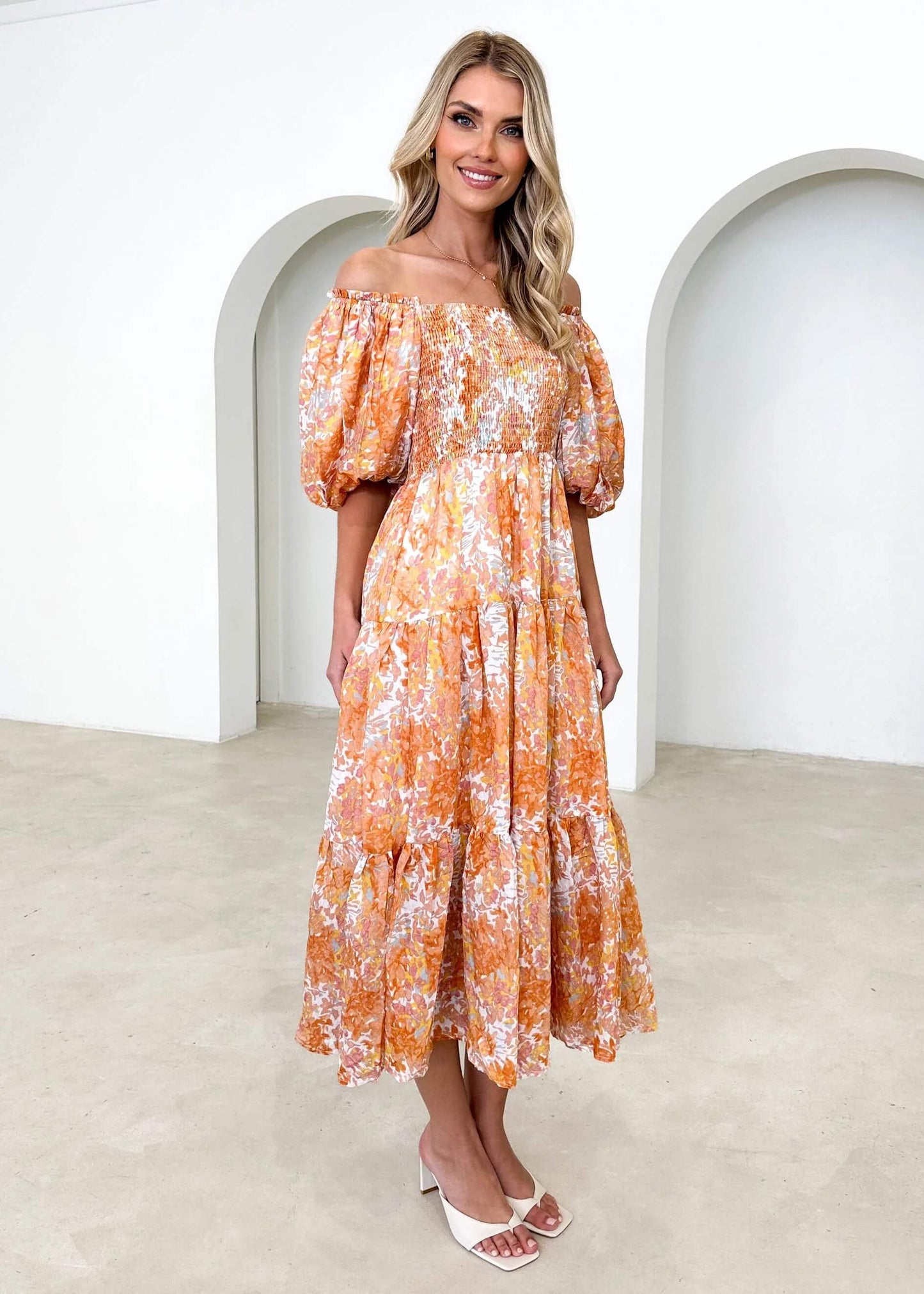 Chiara Floral Off The Shoulder Maxi Dress - Orange