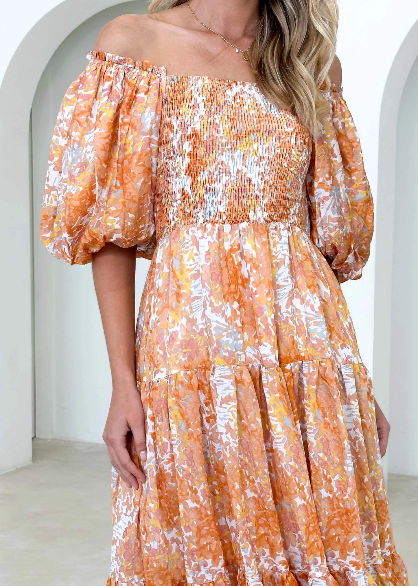 Chiara Floral Off The Shoulder Maxi Dress - Orange