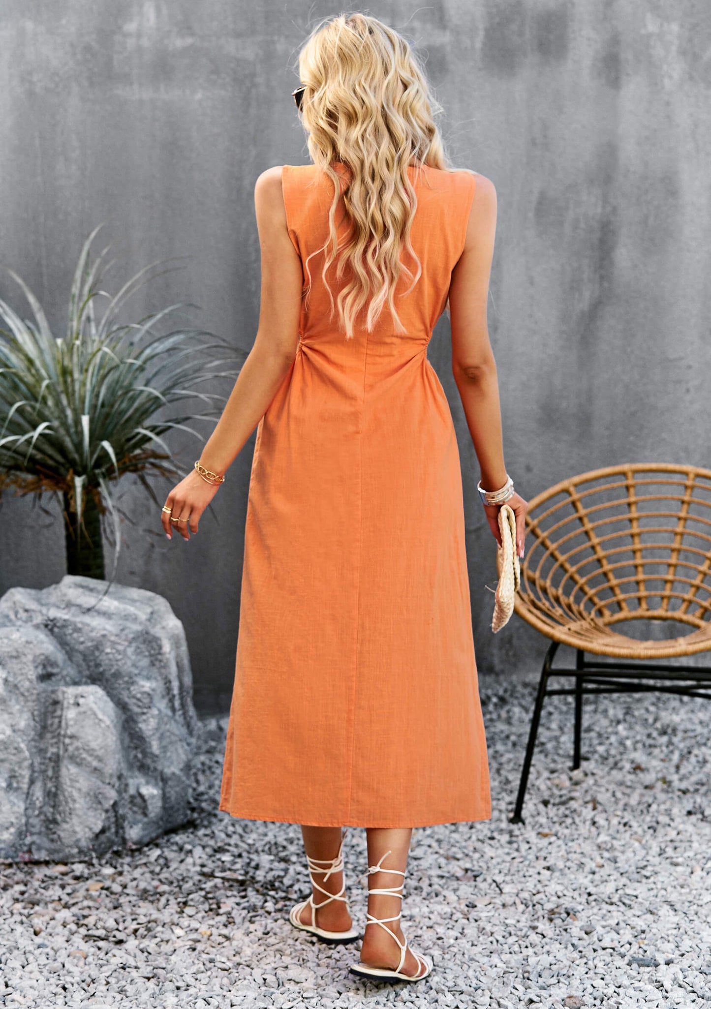 Lunch Date Sleeveless Slit Midi Dress - Orange