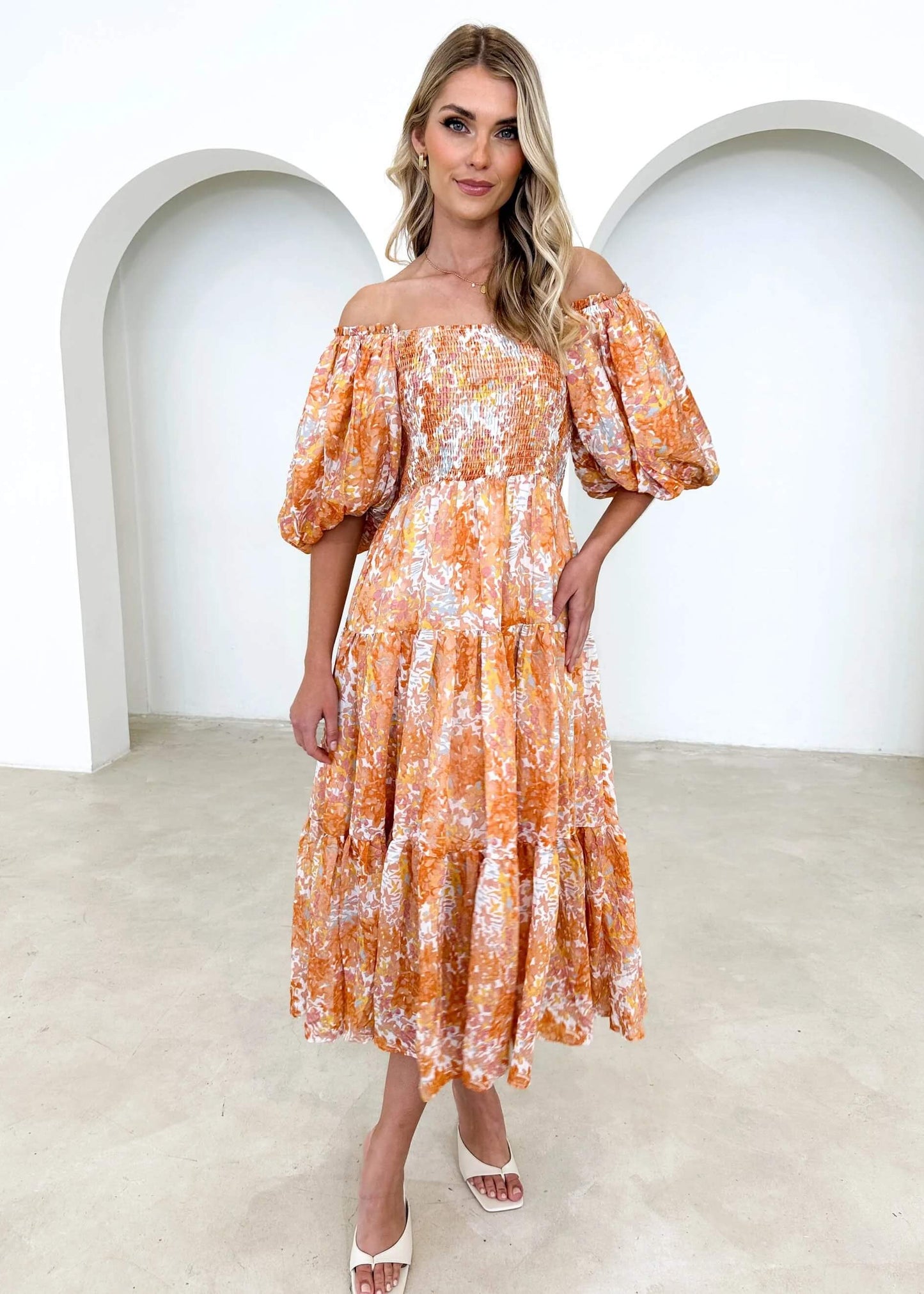 Chiara Floral Off The Shoulder Maxi Dress - Orange