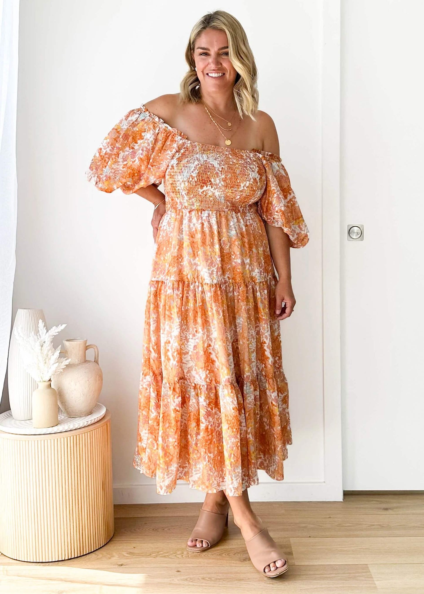 Chiara Floral Off The Shoulder Maxi Dress - Orange